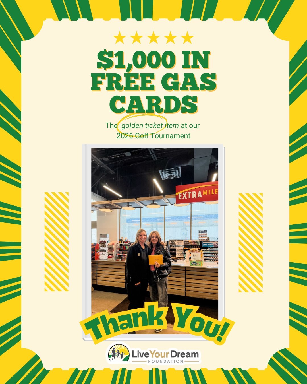 A huge THANK YOU to Susan Peterson and @chevronextramile for generously donating $1,000 in FREE gas cards as our Golden Ticket item for the upcoming Live Your Dream Golf Tournament on May 28th! ⛳️ 🌟 
Your continued support means so much to us and di