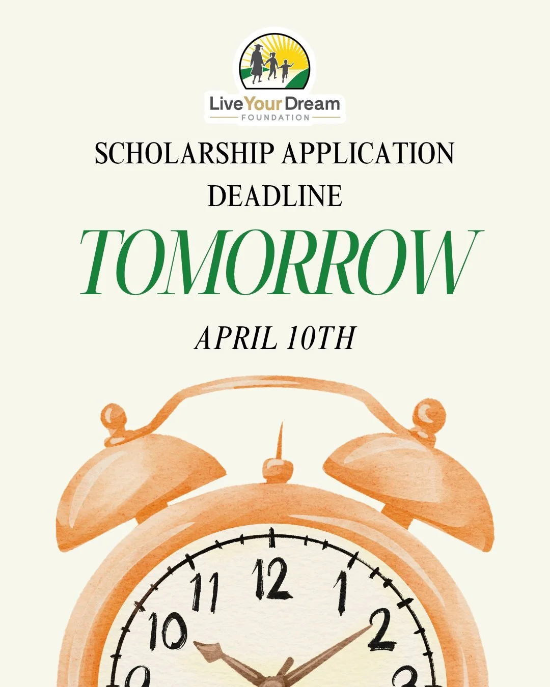 Tomorrow is the day. 📣 
Applications for the Live Your Dream fall scholarship close April 10th&mdash;and this opportunity could change everything for a single mom ready to take the next step toward her education.
Don&rsquo;t wait. If you or someone 