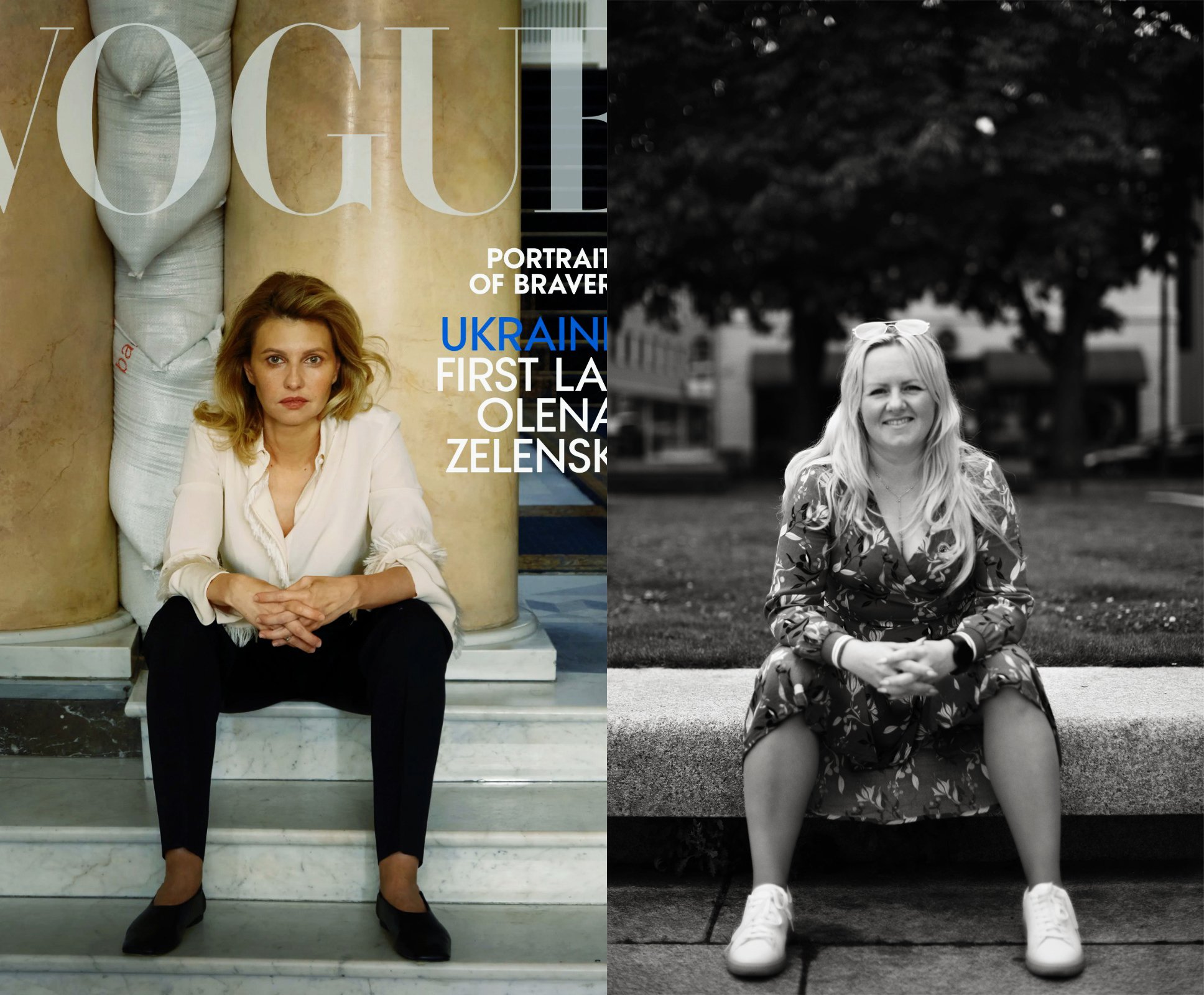  On the left, a US Vogue cover of the First Lady of Ukraine, Olena Zelenska, by the photographer Annie Leibovitz. Ms. Zelenska’s empowered, self-assured pose inspired confidence in other women. In fact, women, as a challenge against female stereotype
