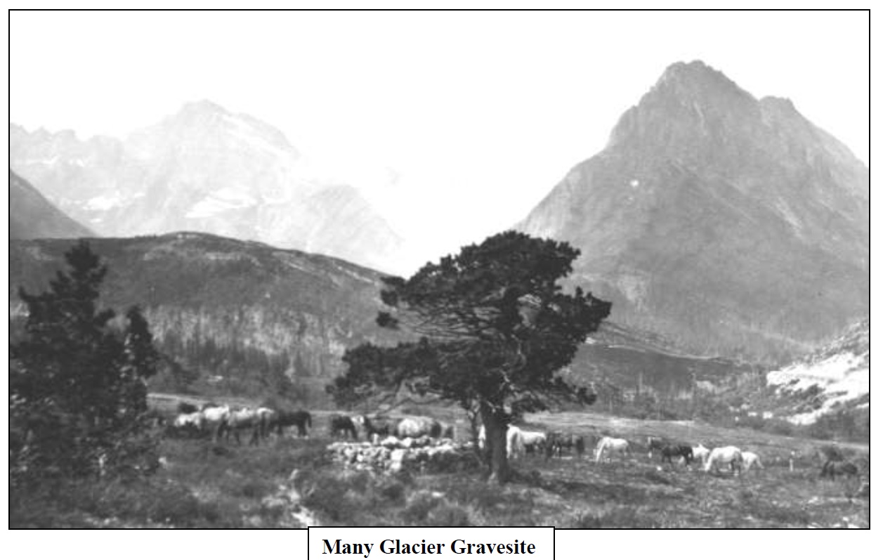 You may have noticed a low brick wall off in a field on your way to the Many Glacier Hotel. This is actually the gravesite of a woman who died in the town of Altyn. This photo is from 1924, when the Apikuni meadows were fenced and Bar X Six horses grazed the valley floor between trips into the park. These same horses likely roamed the current site of the Park Cabin Company, the former home of the Bar X Six ranch.