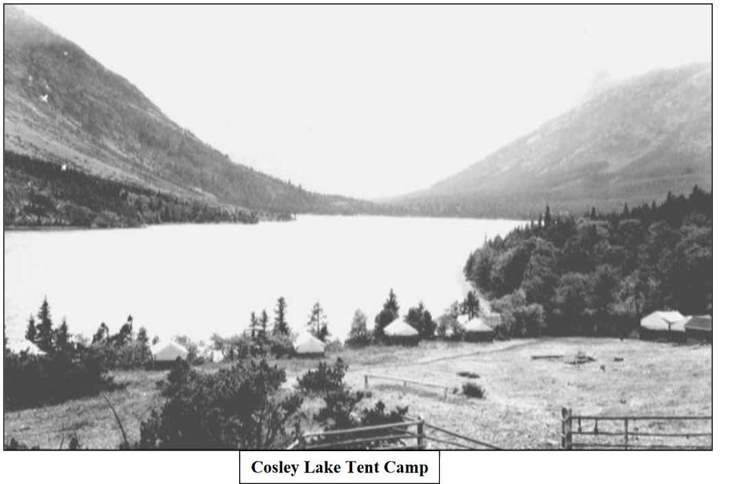 Unfortunately the magnificent mountainous backdrop is obscured in this 1920 photo of what was then called Crossley Lake Tent Camp, just east of the current Cosley Campsite. Photo R.E. Marble.