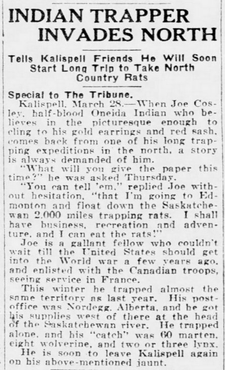 Cosley continued to update his devoted fan club on his latest adventures in search of muskrat pelts.. Great Falls Tribune, March 29, 1926