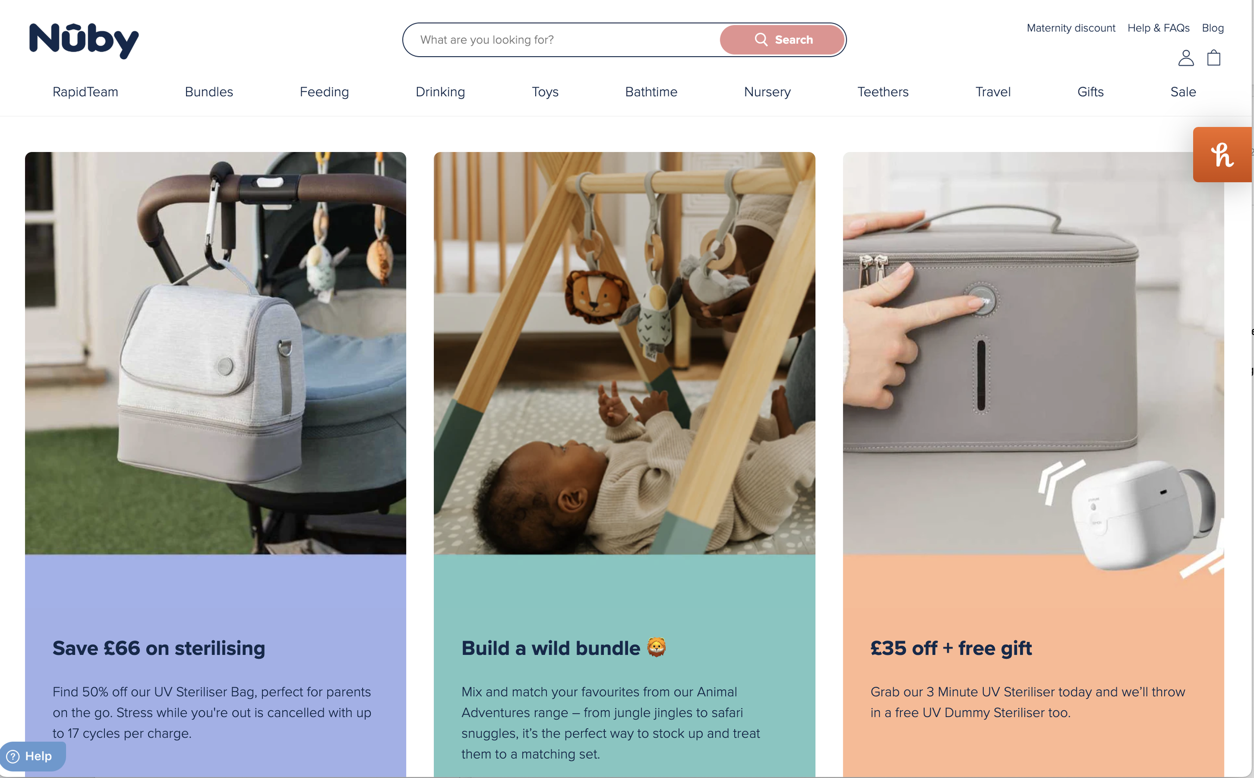 Screenshot of a website homepage for Nuby, featuring product photography shot during ongoing commercial lifestyle shoots with agency Make Us Care and Nuby. 