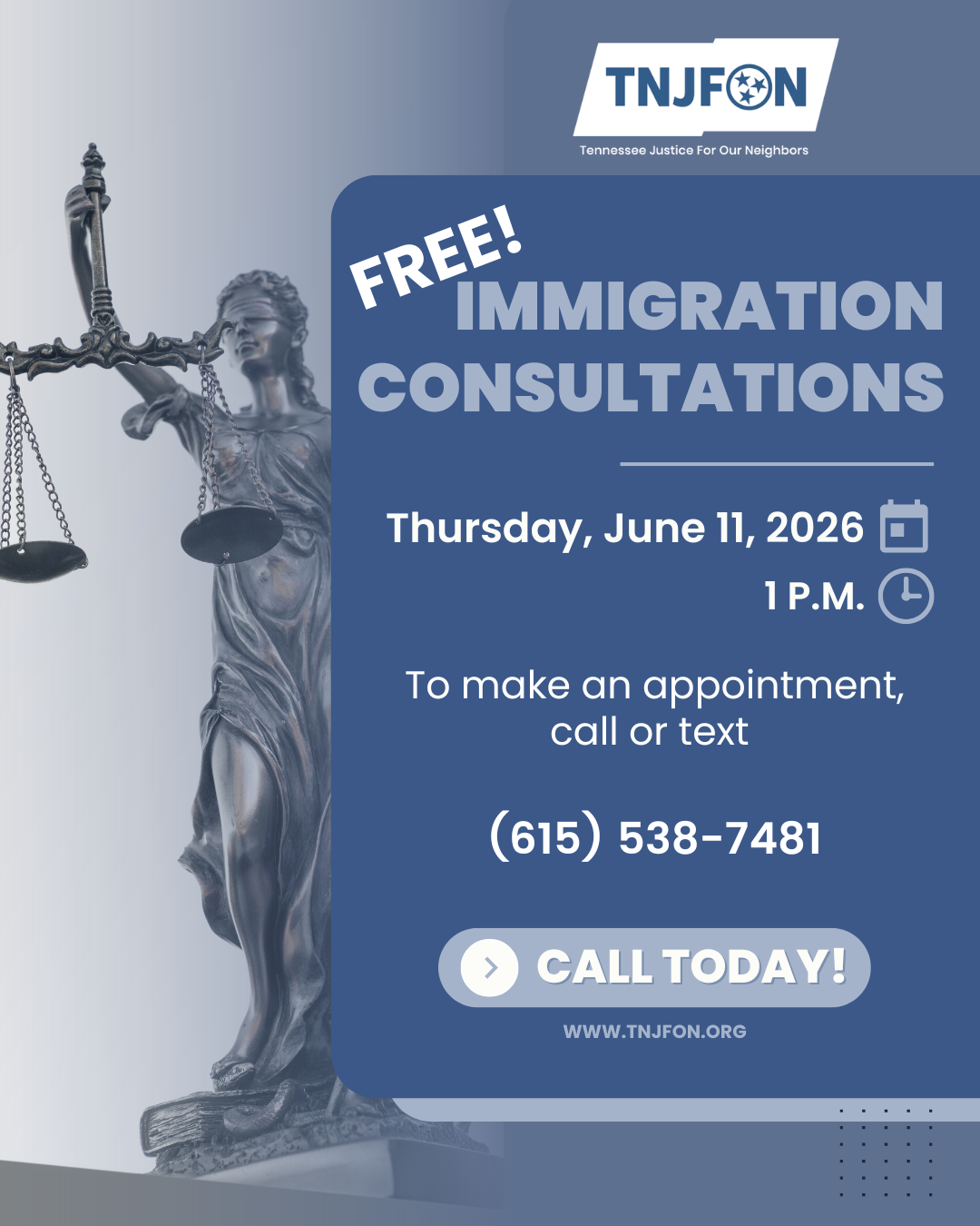 Information for an immigration clinic Tennessee Justice for Our Neighbors will be offering on Thursday, June 11.