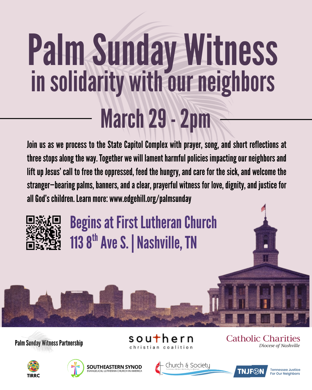 Flyer with information for Palm Sunday Witness hosted by Edgehill United Methodist Church