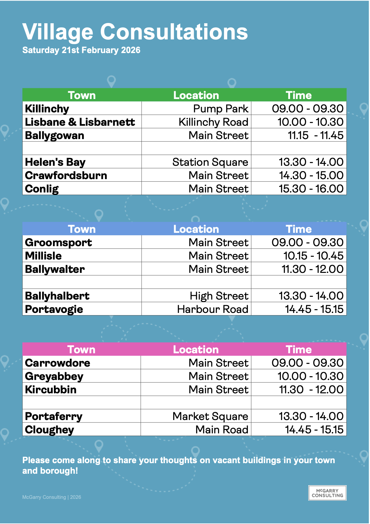 A table of villages in Ards & North Down with locations and times for engagement regards vacancy and derelict within the village on Sat 21Feb26