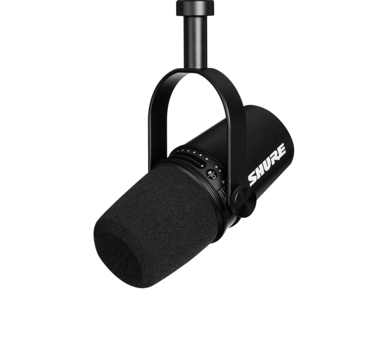  The Shure MV7 with attached microphone mount on a plain white background 