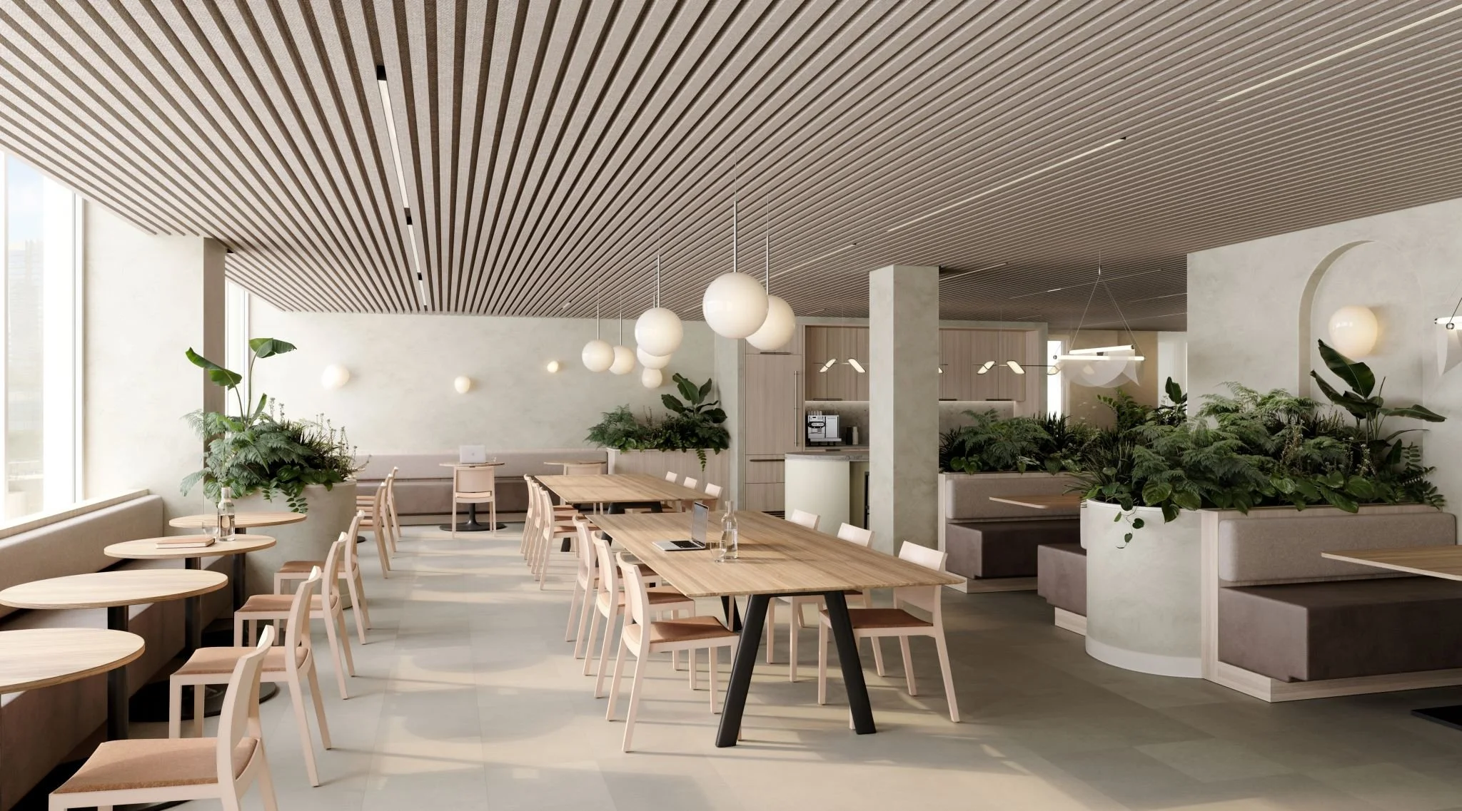 Clean, modern communal workspace with sound masking and wooden acoustic treatment