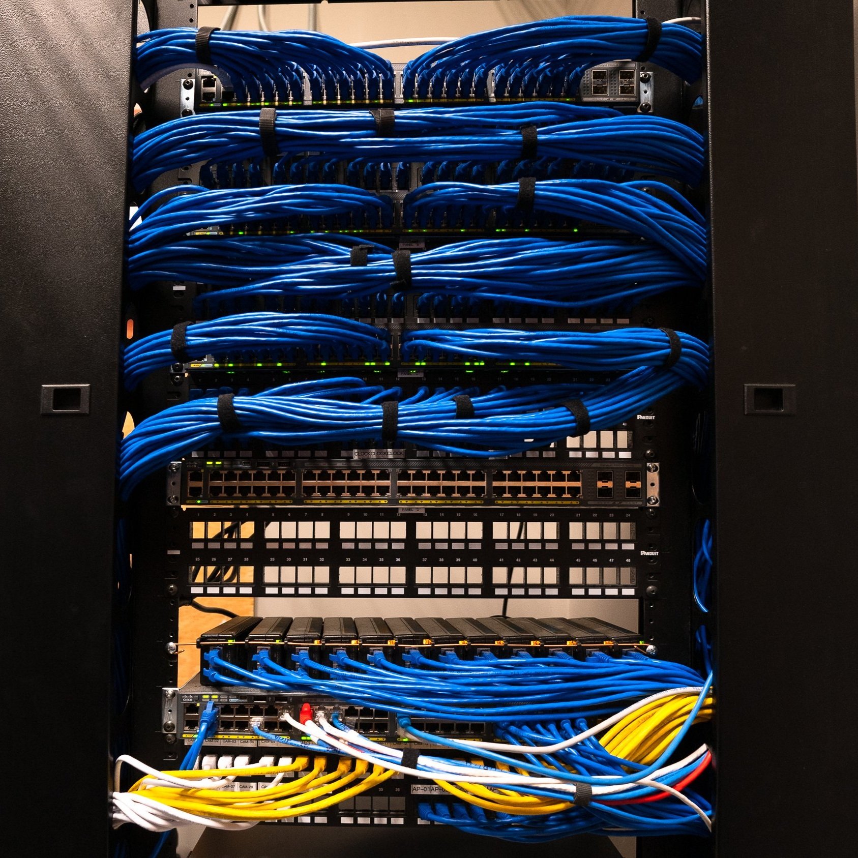 AV rack with neat, organized cables