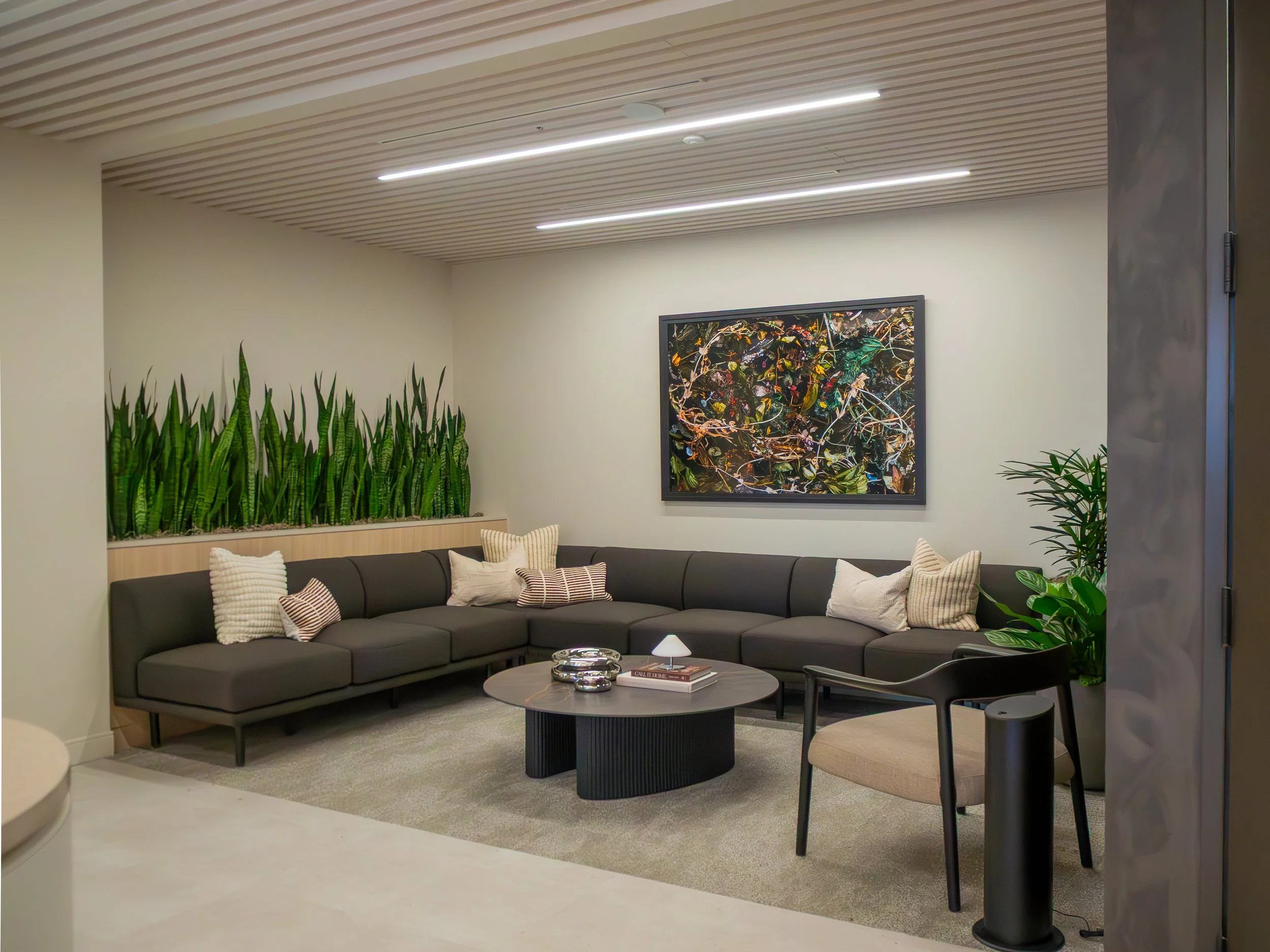 Clean, modern communal relaxing space with sound masking and wooden acoustic treatment