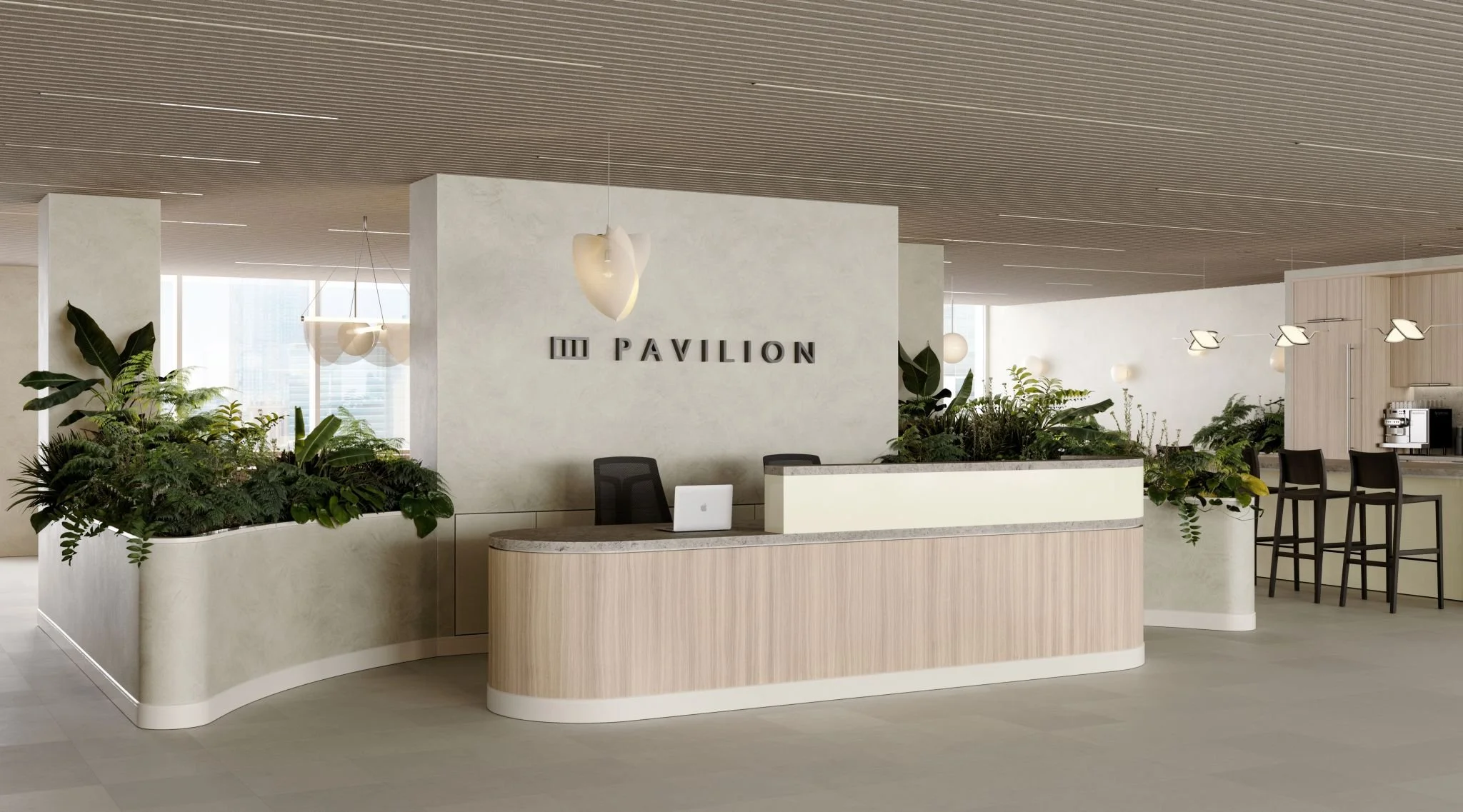 Pavilion Courthouse 6 Ave Lobby, reception, front desk with clean, minimalistic, modern design