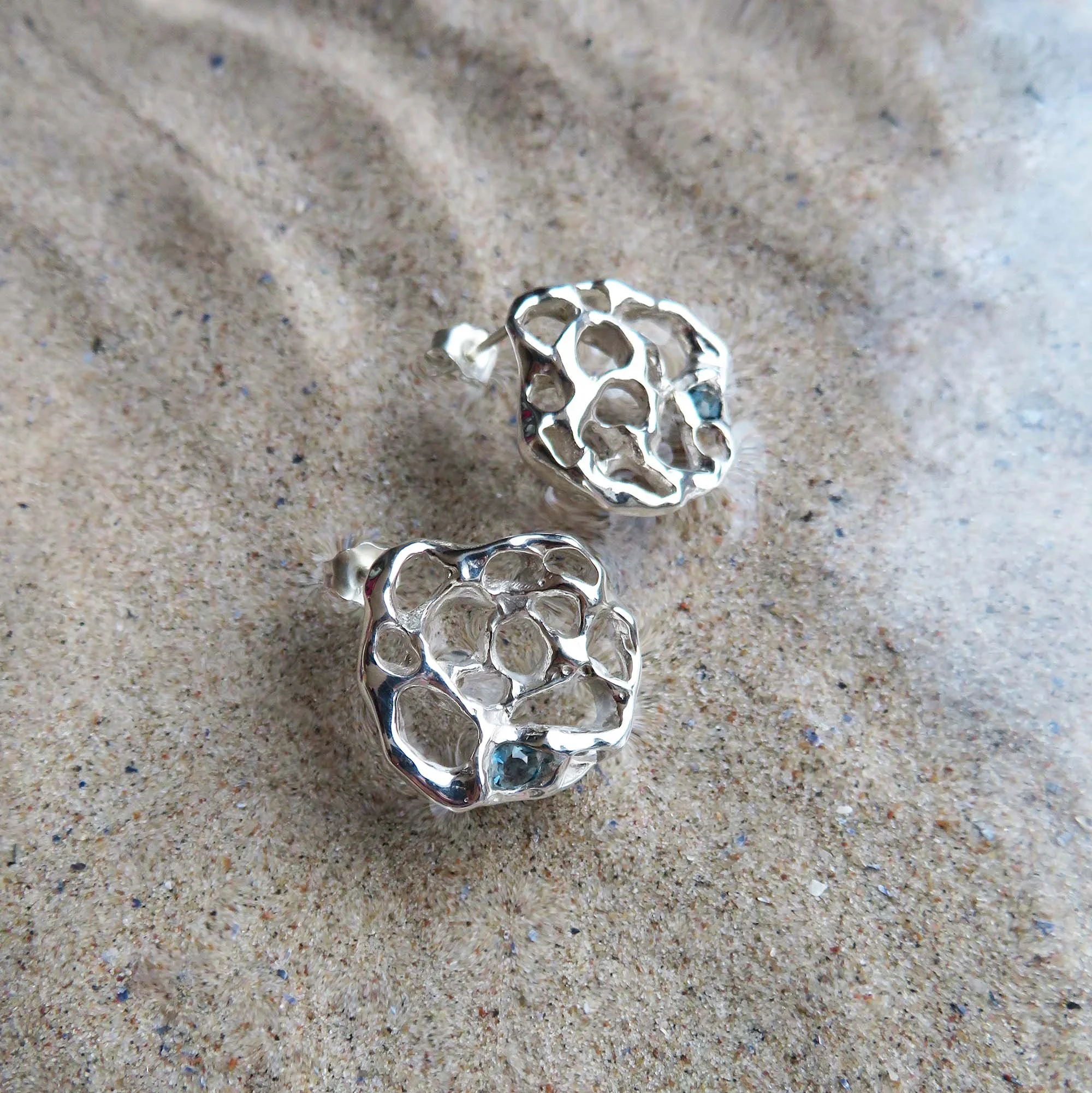 Unisex silver handmade seaside nature inspired jewellery made in the uk designer unique affordable contemporary modern unusual jewelry stud earrings blue topaz
