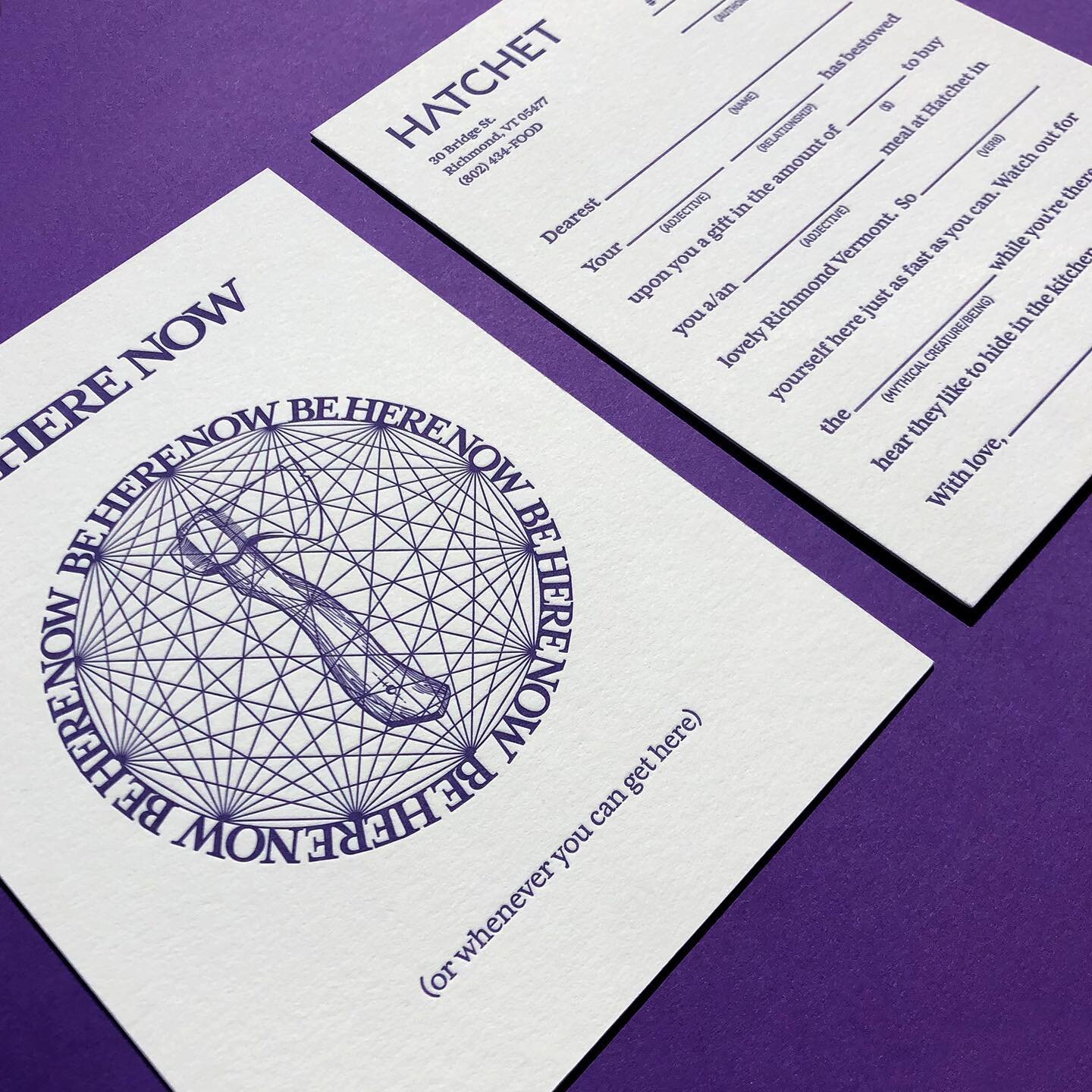 This non-traditional @hatchetvermont gift certificate is pretty special. It is double-sided letterpress on 220# thick textured Pearl White cover stock. And it comes with matching purple envelop.
⠀⠀⠀⠀⠀⠀⠀⠀⠀
#beherenow #ramdass #madlibs #letterpress #gi