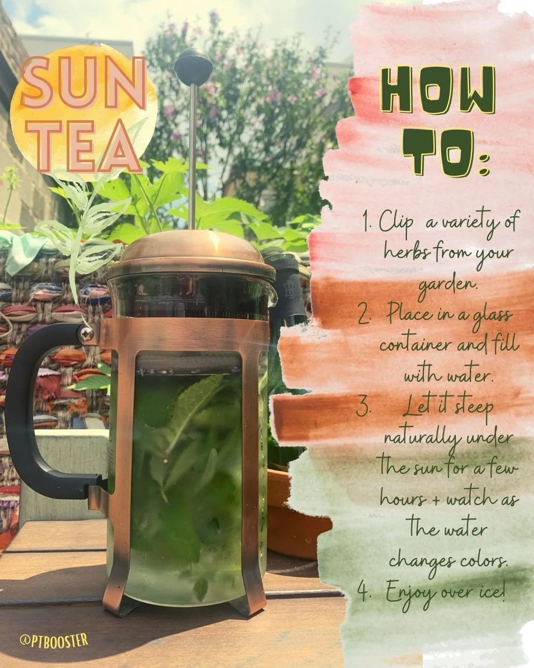 IT&rsquo;S TEA THYME! A fun way to consume some sunshine on these beautiful sunny days and to use up some of those excess herbs growing in your garden, is to craft up a little Sun Tea&hellip;All you have to do is gather some of your favorite herbs ar
