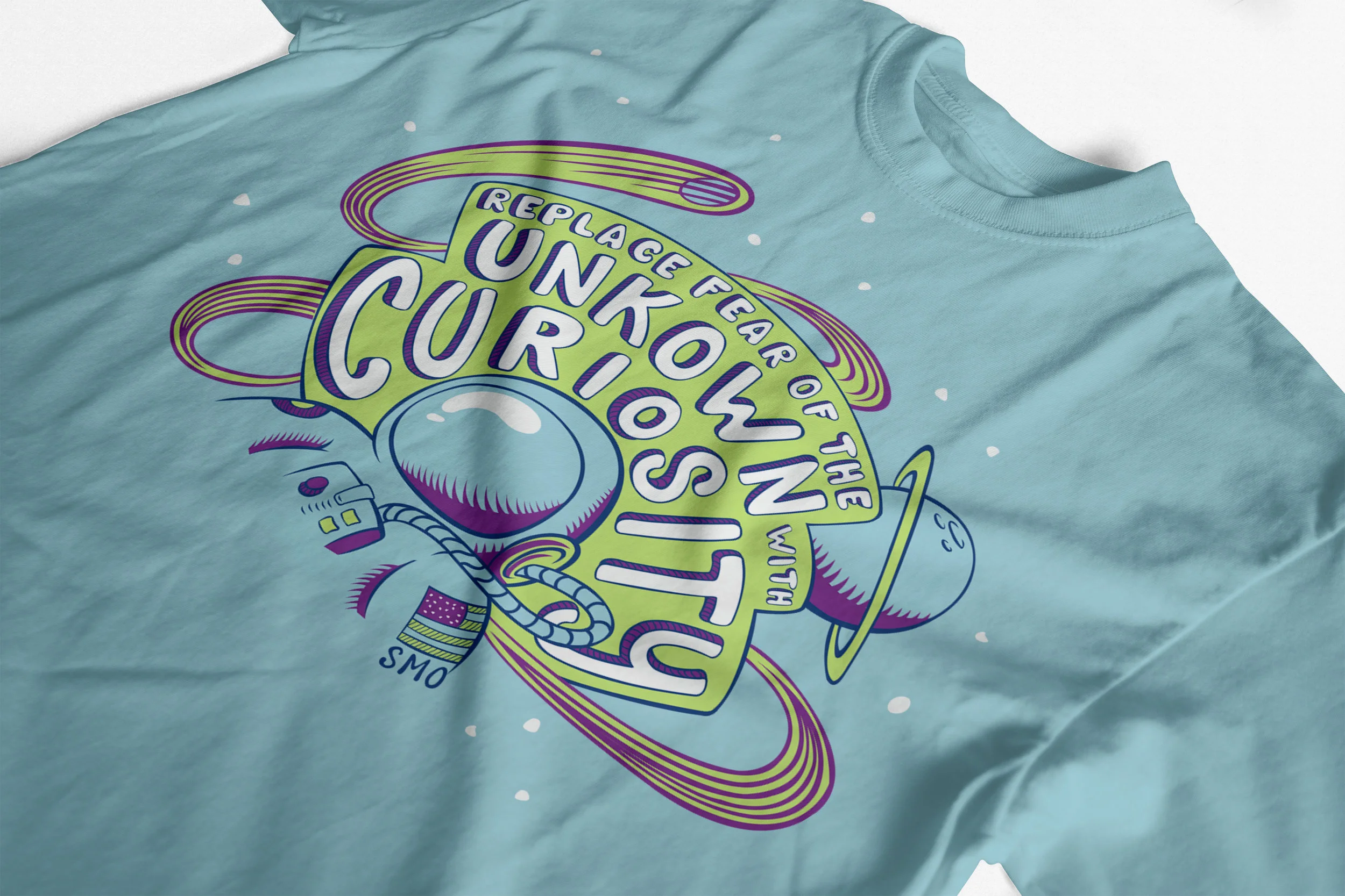 Details: Apparel Design, Illustration Client: SMO Objective: The Science Museum of Oklahoma (SMO) wanted a t-shirt design featuring one of their favorite inspirations "replace fear of the unknown with curiosity". They left the concept open which allowed me to have a lot of fun. Solution: When thinking of the various scenarios where one has to possess a curiosity so strong it motivates them past the fear of a blind situation, the career of an astronaut stuck out the most. Astronauts, despite all of their preparation, truly take a great risk with every mission due to numerous variables no one can predict. It is their sheer curiosity that propels them into the most uncharted of frontiers. To appeal to both an older and younger audience, the illustration style for this design is inspired by children's cartoons from the 1990's. This allows the cartoonish style to instantly speak to children while igniting childhood nostalgia in older museum-goers.