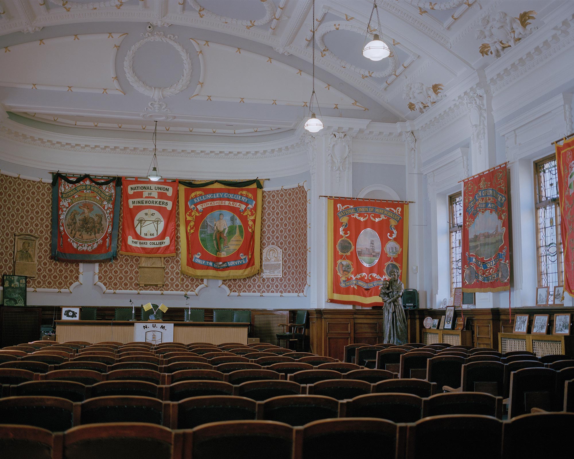 Area banners inside the National Union of Mineworkers headquarters, Barnsley, South Yorkshire.