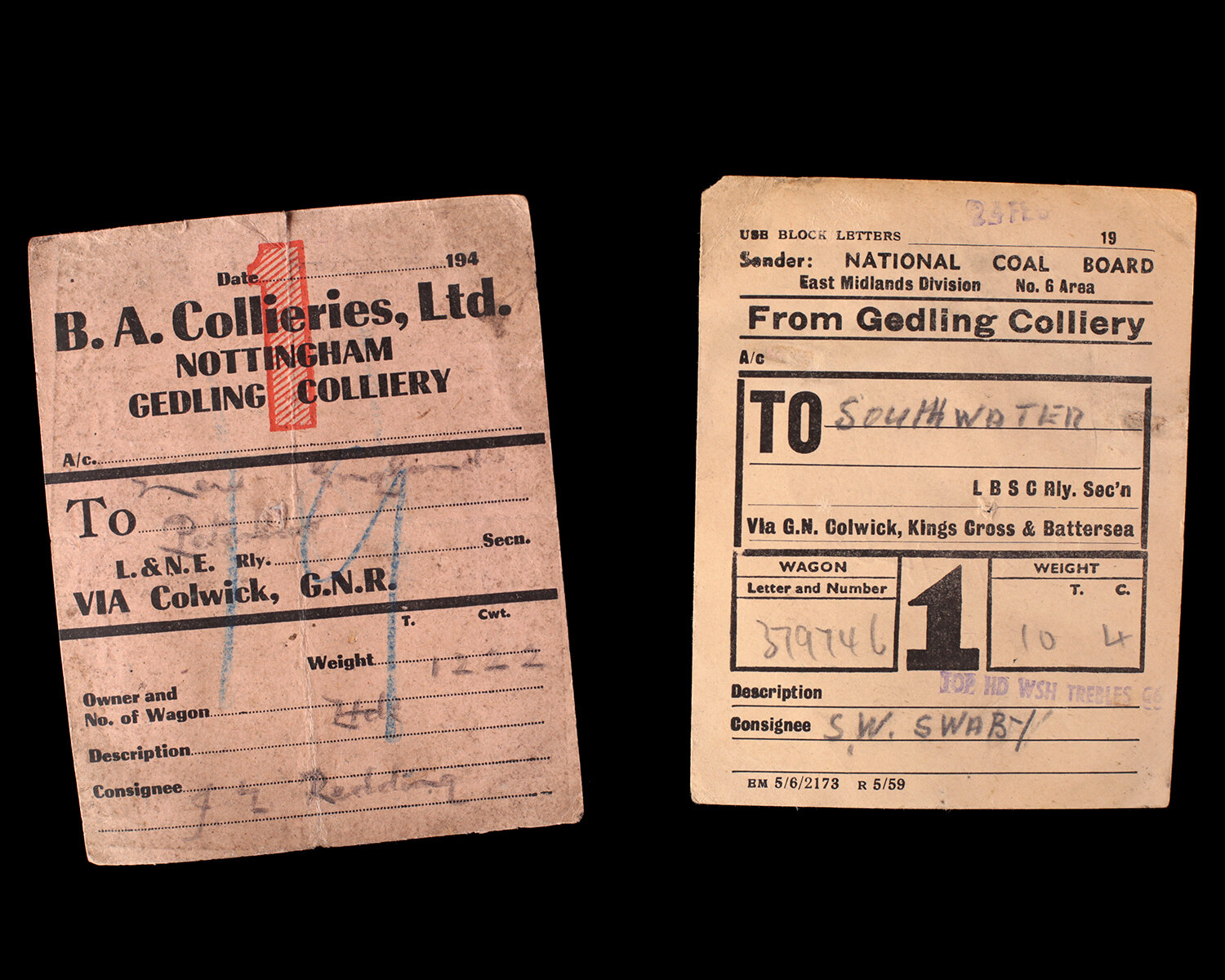 Consignment tickets for coal to be transported from Gedling Colliery to London power stations