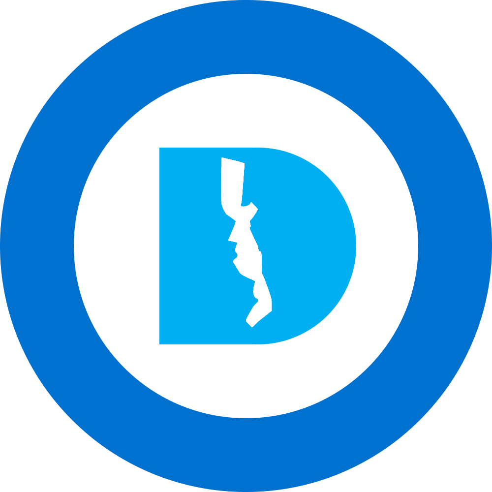 The image shows the Twitter logo with a stylized map of California inside the letter 'D', on a blue circular background.