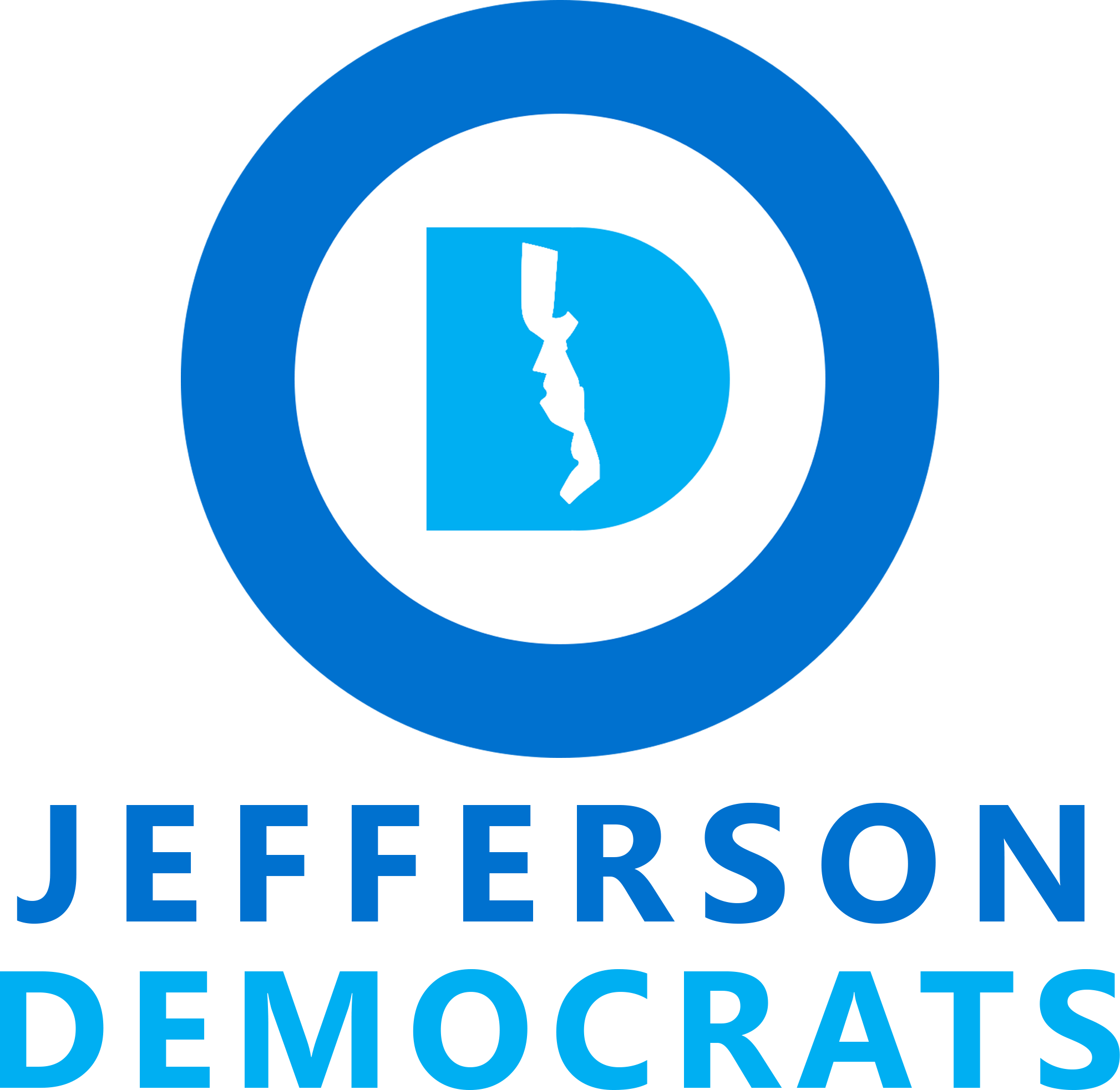 Logo of the political party Jefferson Democrats with a blue and white color scheme and a stylized letter 'J' in the center.