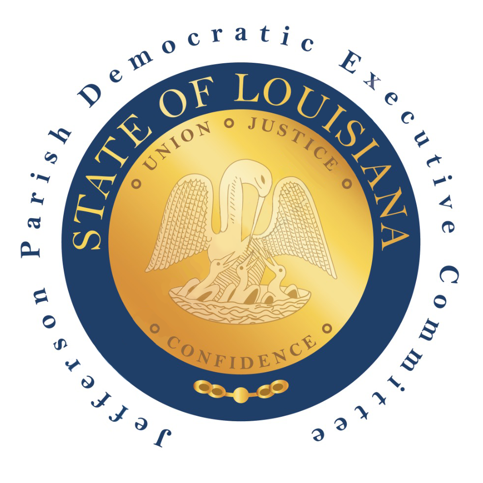 Seal of the Louisiana State Democratic Executive Committee featuring a white pelican with three chicks, surrounded by blue and gold text indicating the organization and values of union, justice, and confidence.