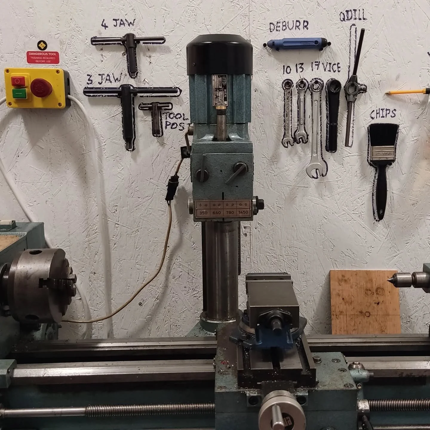 This week our metalworking room-lead has been putting the milling attachment for the Emco lathe through its paces. With all the required tools having a home, close to hand, nothing *should* ever get lost. The first chips are looking good, so inductio