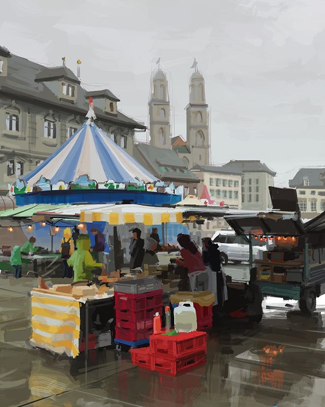 Painting of a farmers market in Z&uuml;rich Switzerland from when I was there in 2017