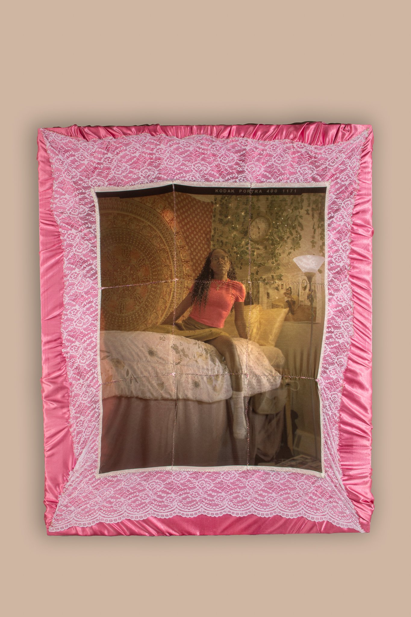 _call me delicate_, 35” x 42”, 2023, Large format film photo on silk sheets sewing onto lace and silk fabric, .jpg
