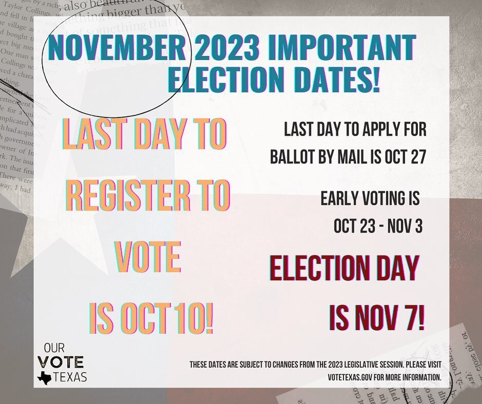 A week from today is the voter registration deadline, Texas! Make sure your registration is up to date and ready to go so you don&rsquo;t miss a vote! 
Head to votetexas.gov to check your voter status and find other helpful resources.