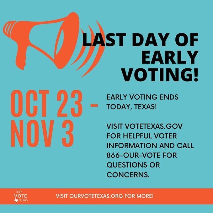 The last day to vote early is TODAY! Election Day is November 7th. 
Head to vote411.org for helpful ballot info and remember to call 866-OUR-VOTE if you have questions about voting or experience an issue.