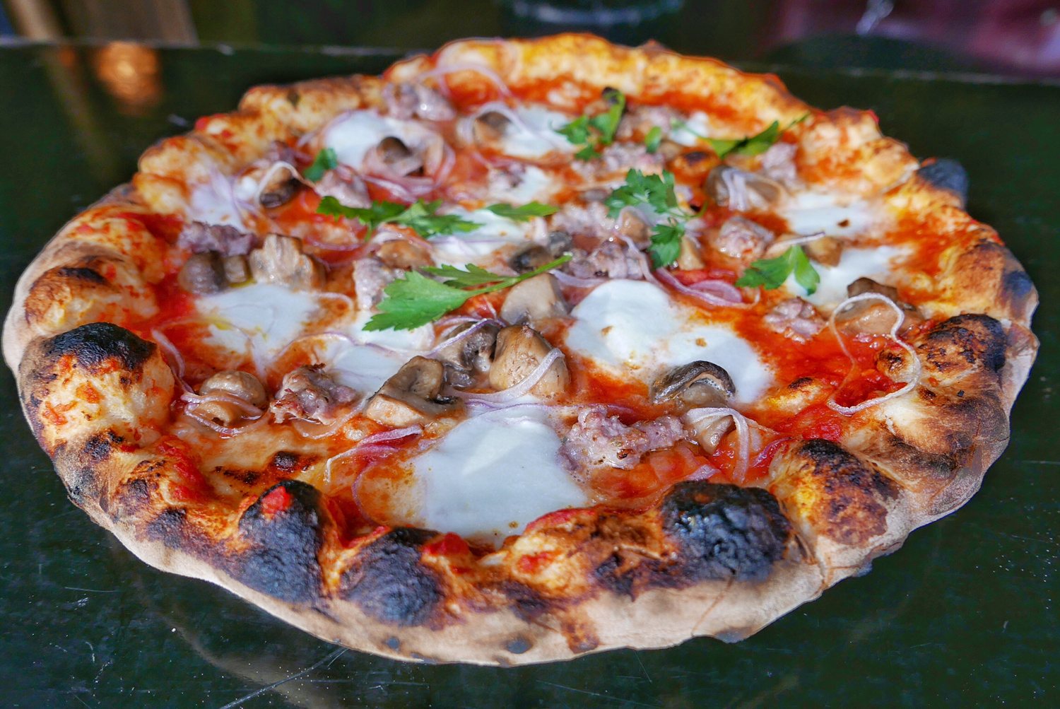 Pizza Norcina with Red Onions, Mushrooms and Wild Fennel Sausage 