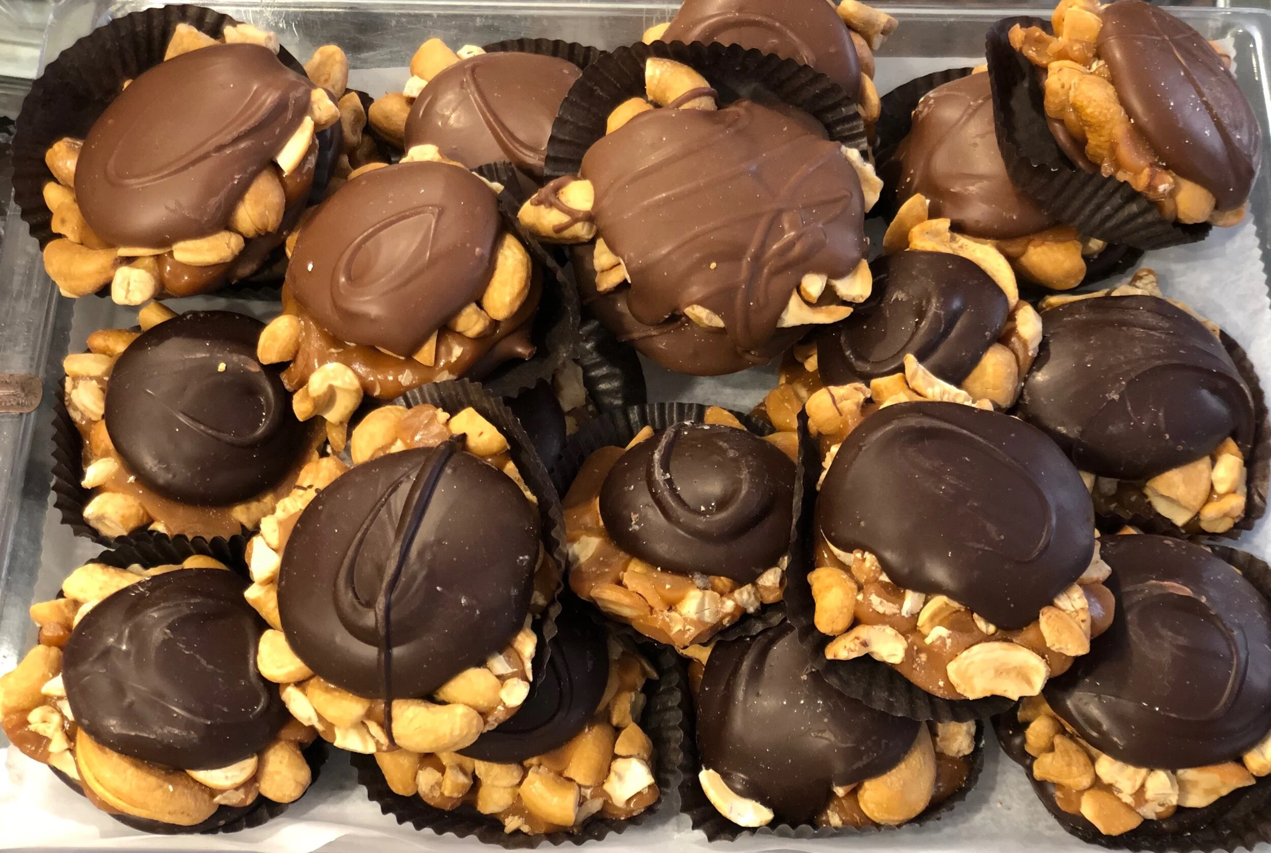 Milk and Dark Chocolate Caramel Cashew Turtles 
