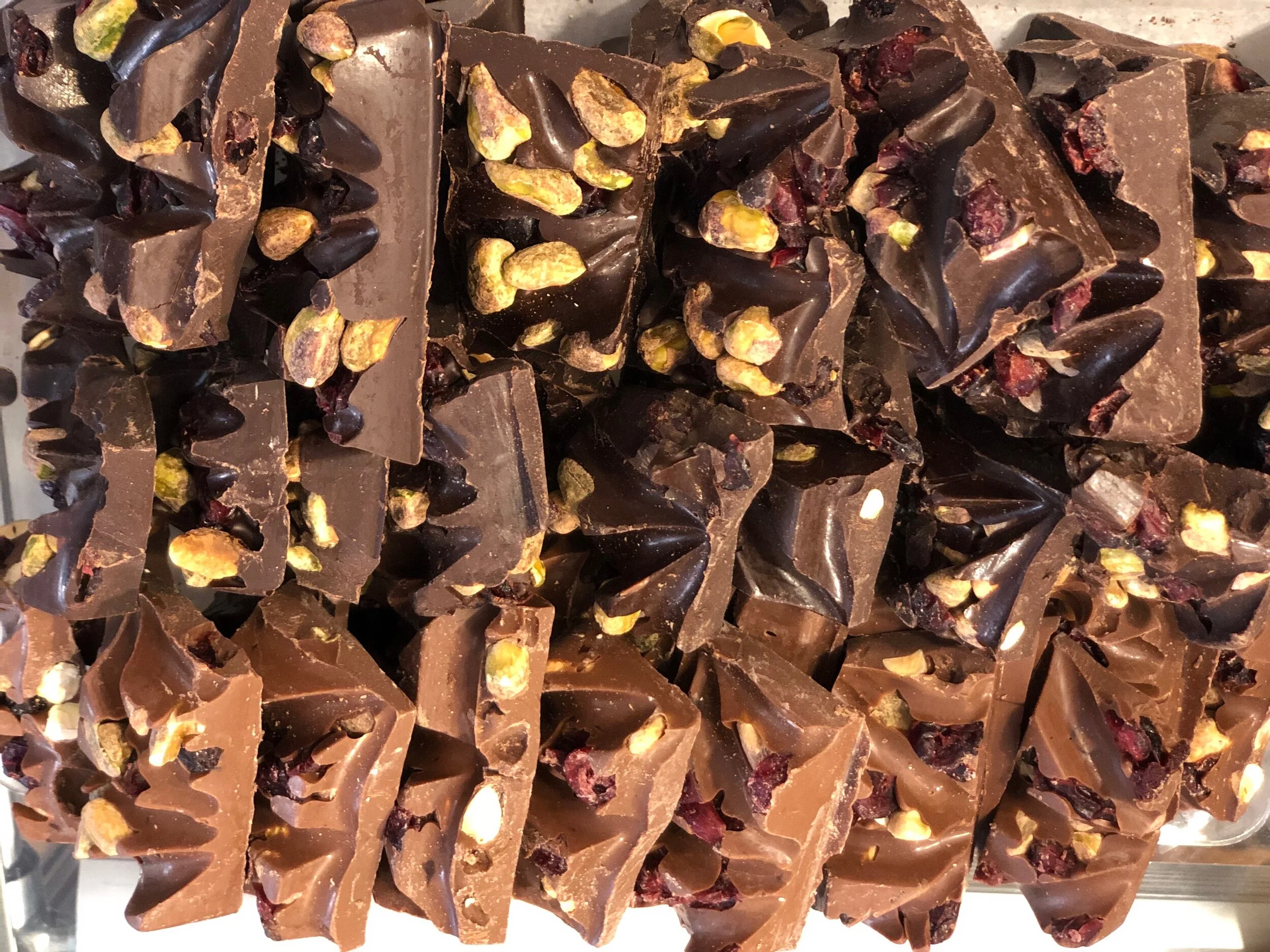 Milk or Dark Chocolate Cranberry Pistachio Bark