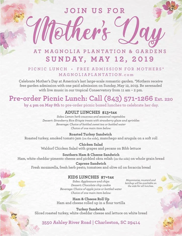 Magnolia Plantation and Gardens celebrates Mother's Day with a picnic and a stroll in their over 60 acres of gardens.