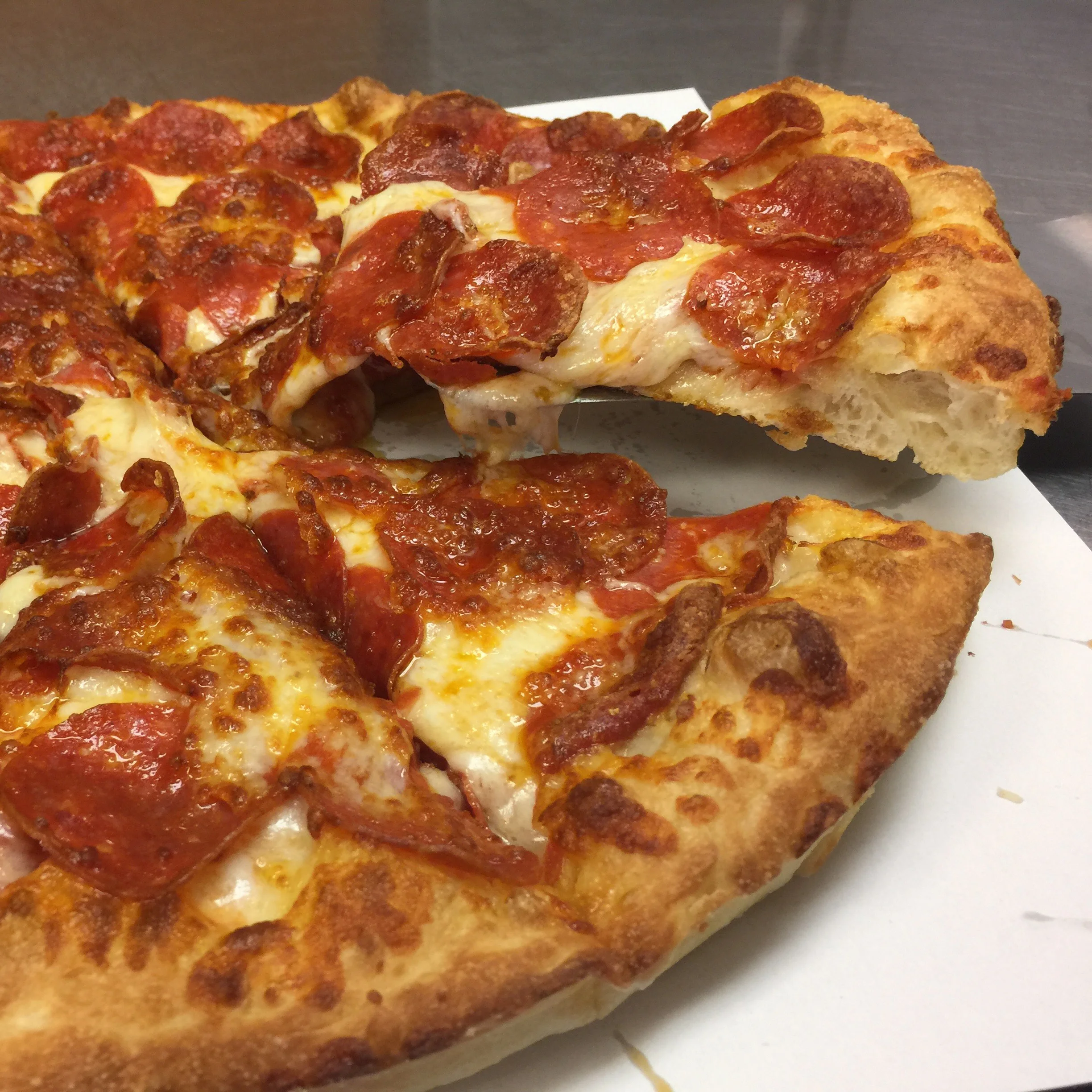THE PIPERONI This thick and tasty pizza is available in medium and large round pans and is topped with double pepperoni because sometimes simple is better, Medium 12.79 Large 14.77