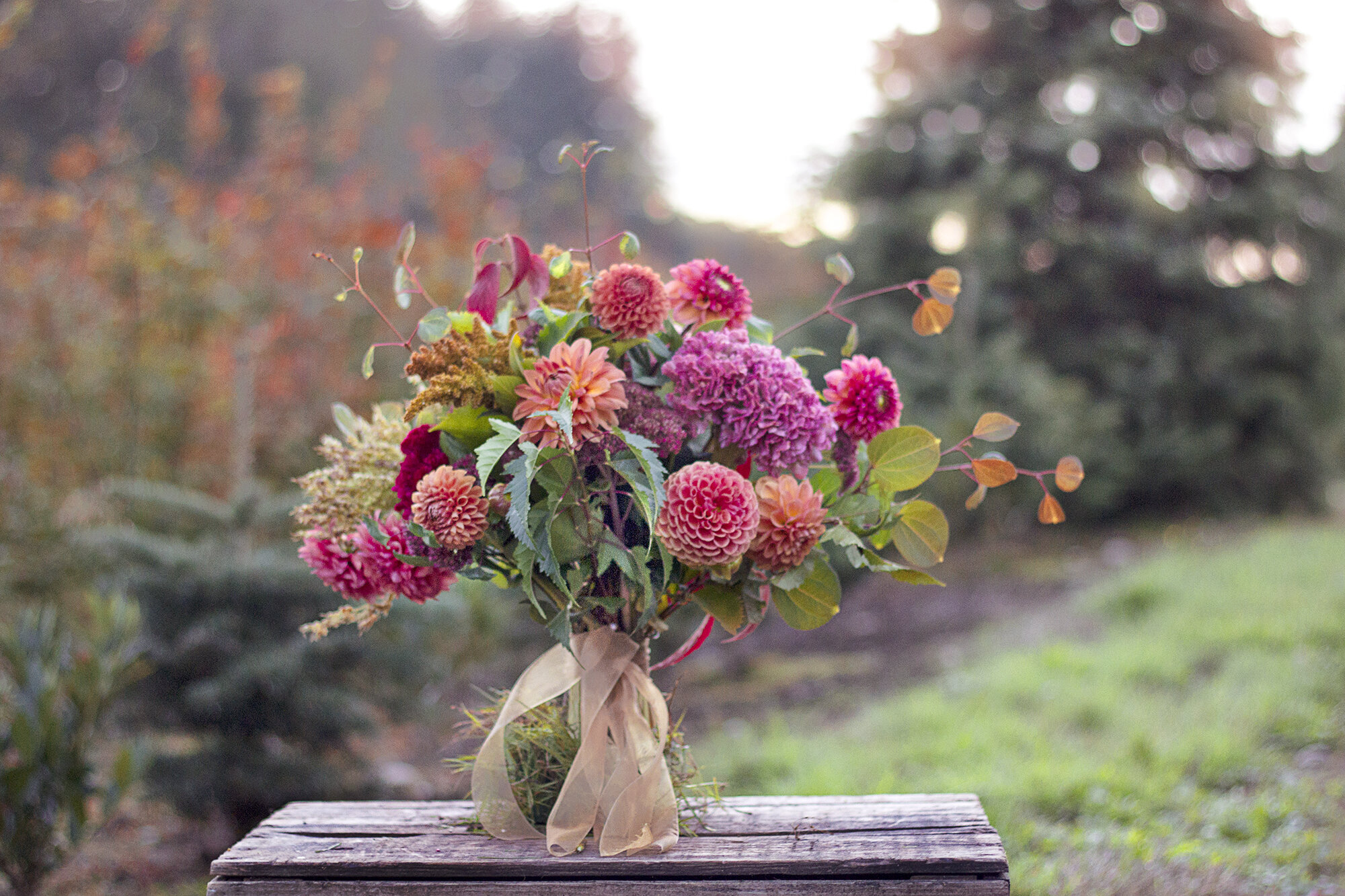 A beautiful bridal bouquet fashioned from freshly harvested blooms in fall!