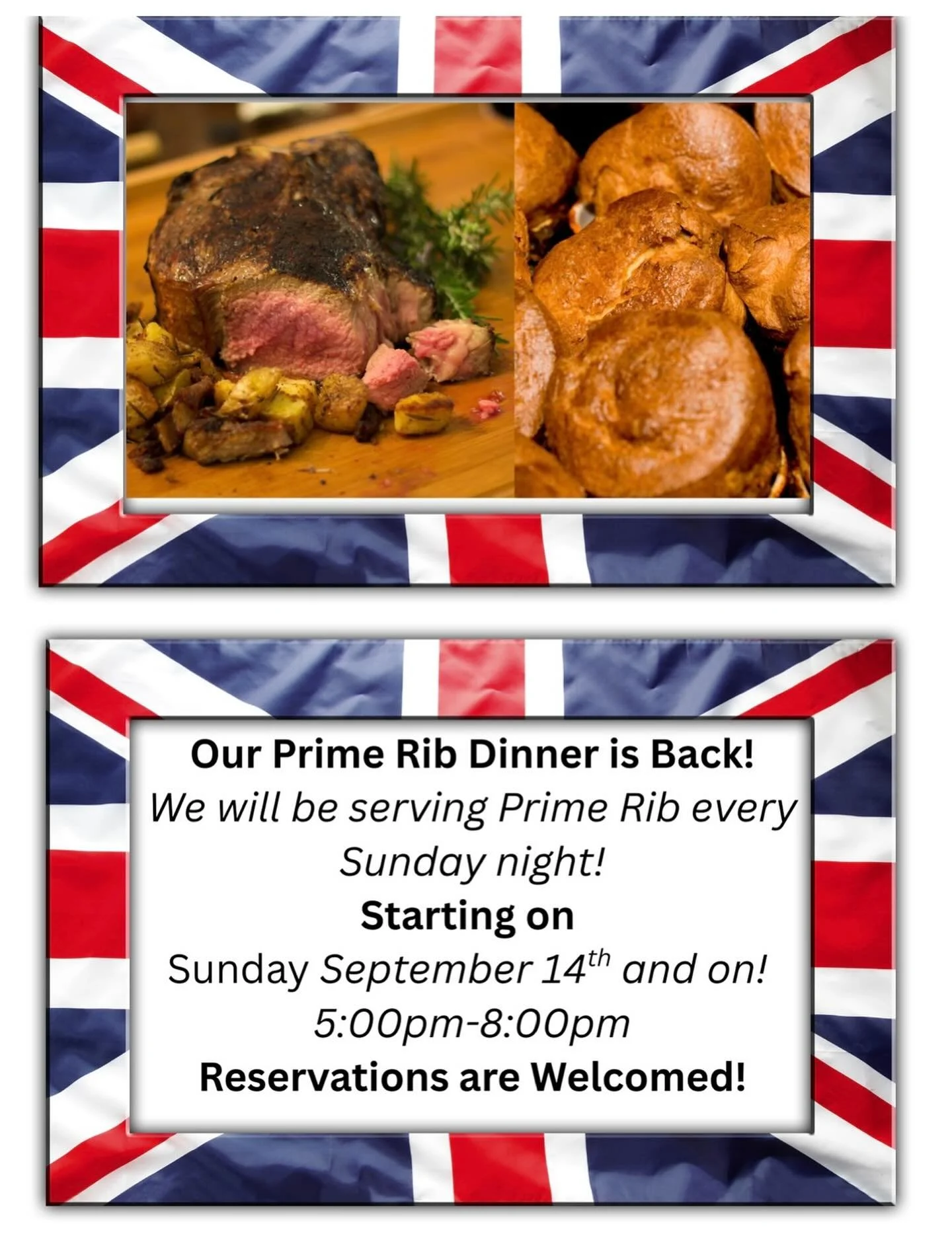 PRIME RIB NIGHT at Gruel Britannia!
Calling all meat lovers! Join us for our fan favorite Prime Rib Dinner! 
 
Served with all the proper fixings:
Yorkshire pudding
Roasted veg
Roasted potatoes
Cheesy Broccoli and Cauliflower 
Horseradish cream
And r
