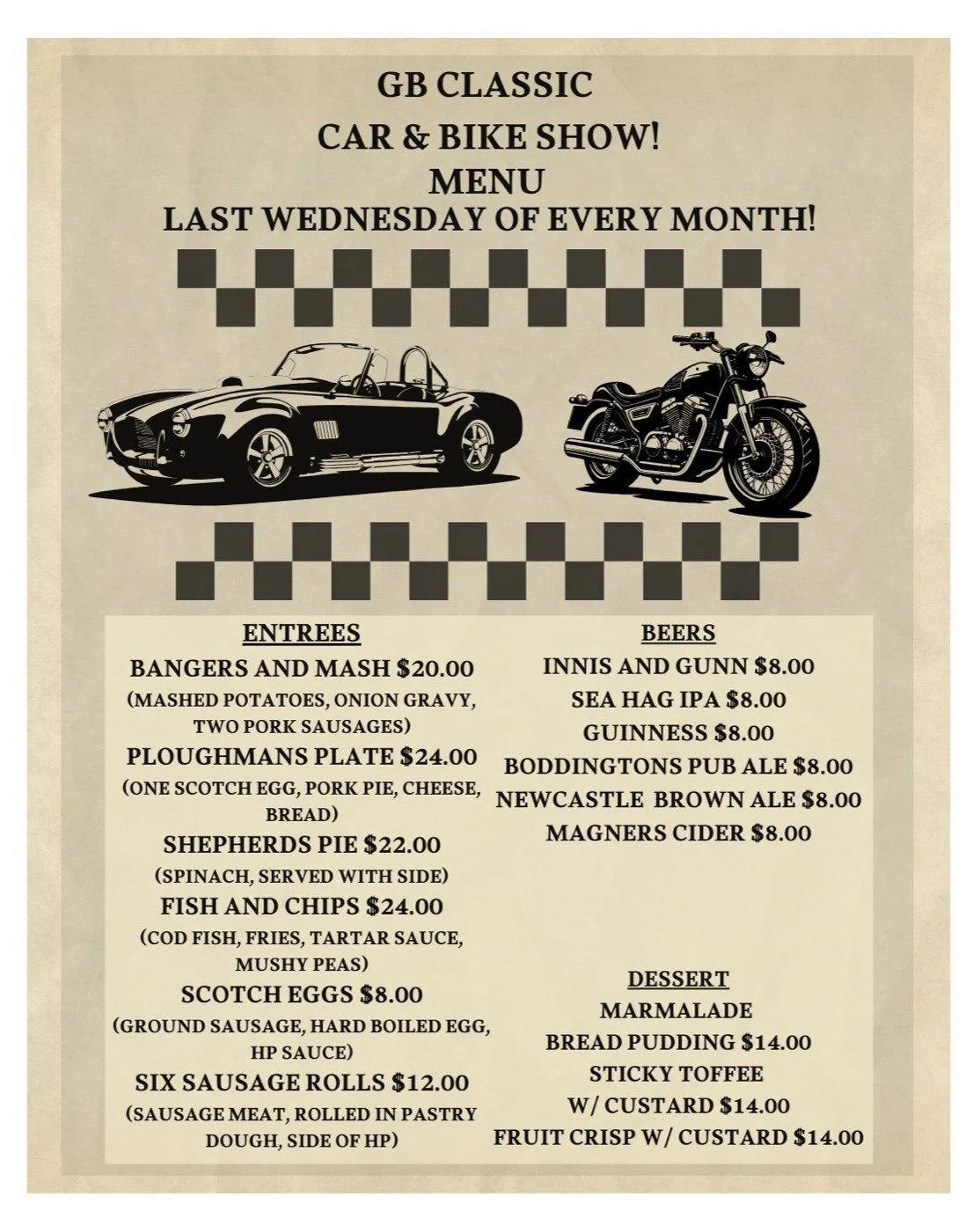 GB Family,

Rev your engines and shine your chrome &mdash; it&rsquo;s that time again!

Join us this Wednesday for our GB Classic Car &amp; Bike Show at Gruel Britannia Westport. Whether you&rsquo;re a proud owner or an avid admirer, this night is fo