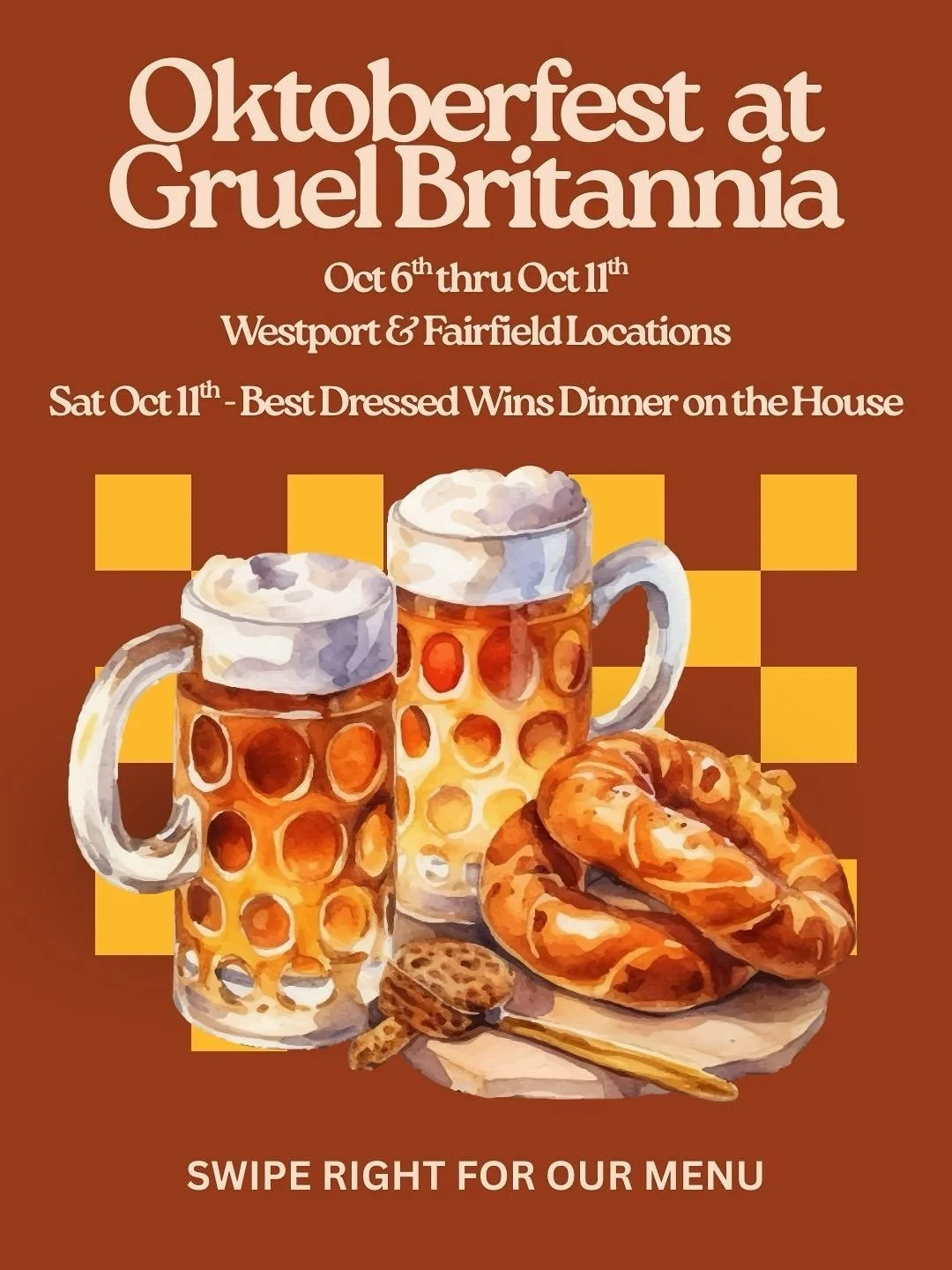 🍻 Oktoberfest is here at Gruel Britannia! 🇩🇪

From Oct 6th &ndash; Oct 11th, both our Fairfield &amp; Westport locations will be serving up a special Bavarian-inspired menu: pretzels, sauerbraten, goulasch, sausage platters, apple strudel, and $7 