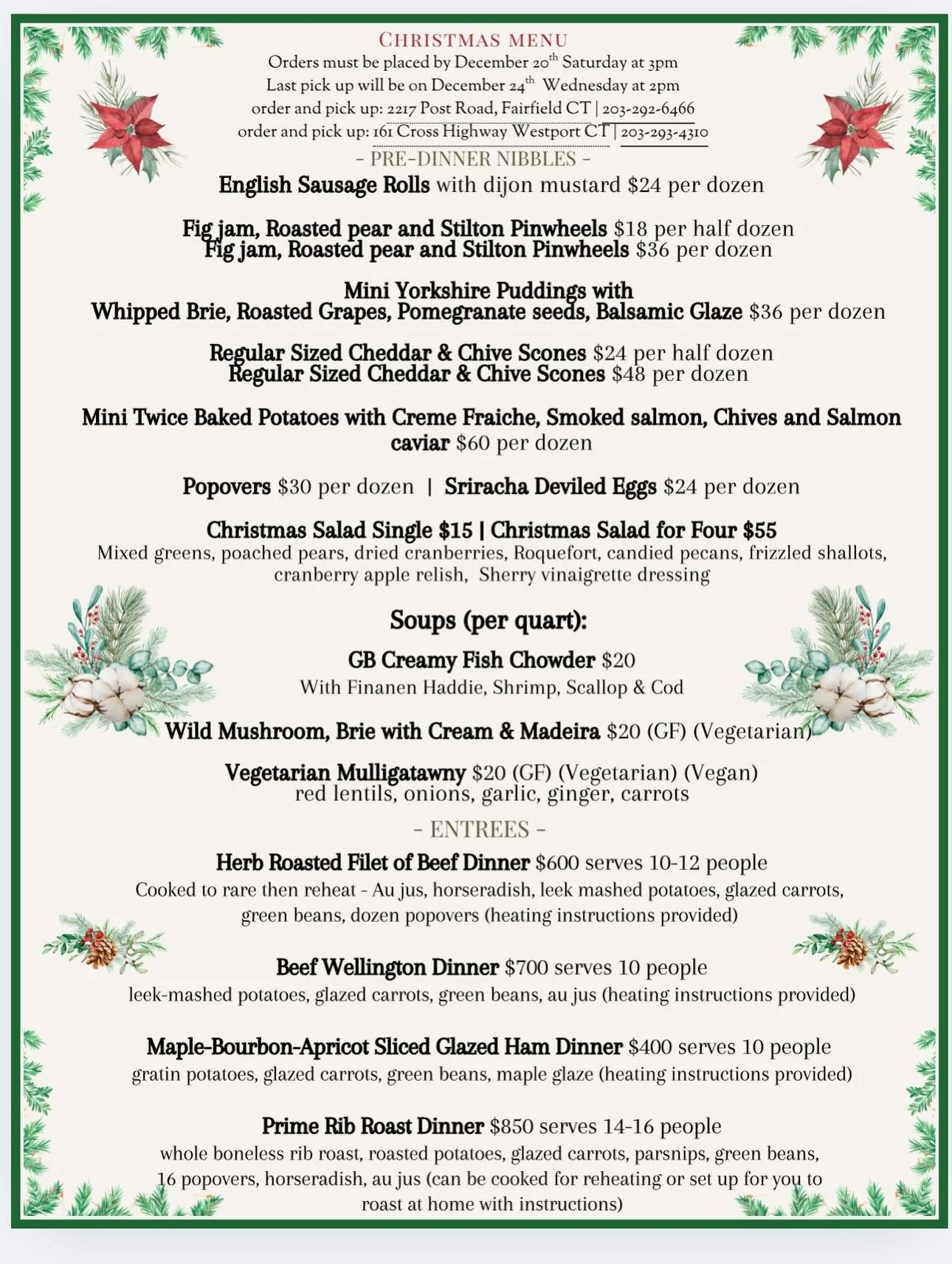 Christmas Menu is out!
It&rsquo;s 90% of delicious food options and 10% of pretending we know what we are doing lol
Call in and place your orders today!