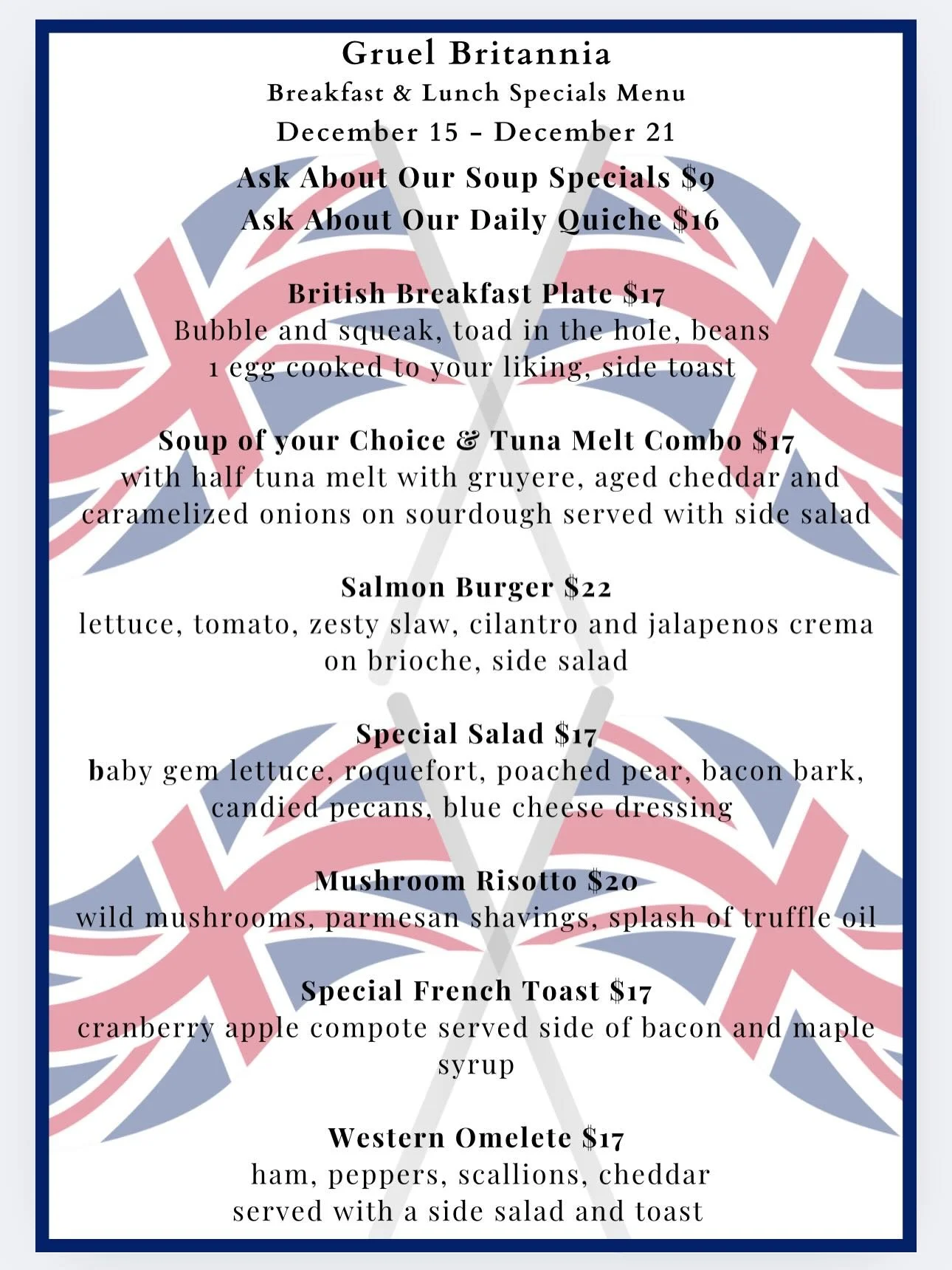 Dinner specials are out! 
Join us for the holiday season for delicious food and a jolly good ole time!