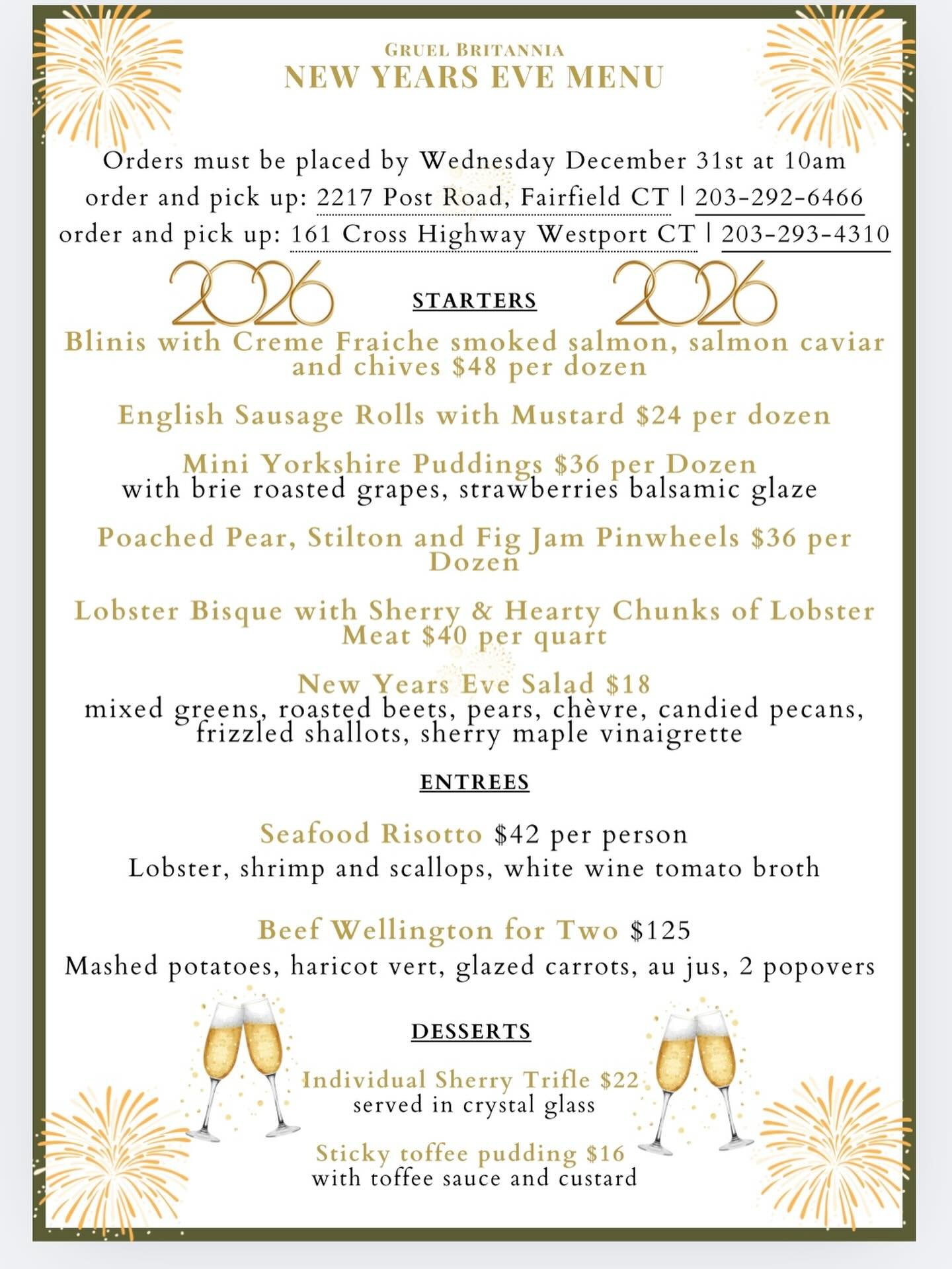 Ring in the New Year with unforgettable flavors, sparkling moments, and a table worth celebrating.
Place your orders this New Year&rsquo;s Eve and toast to what&rsquo;s next.