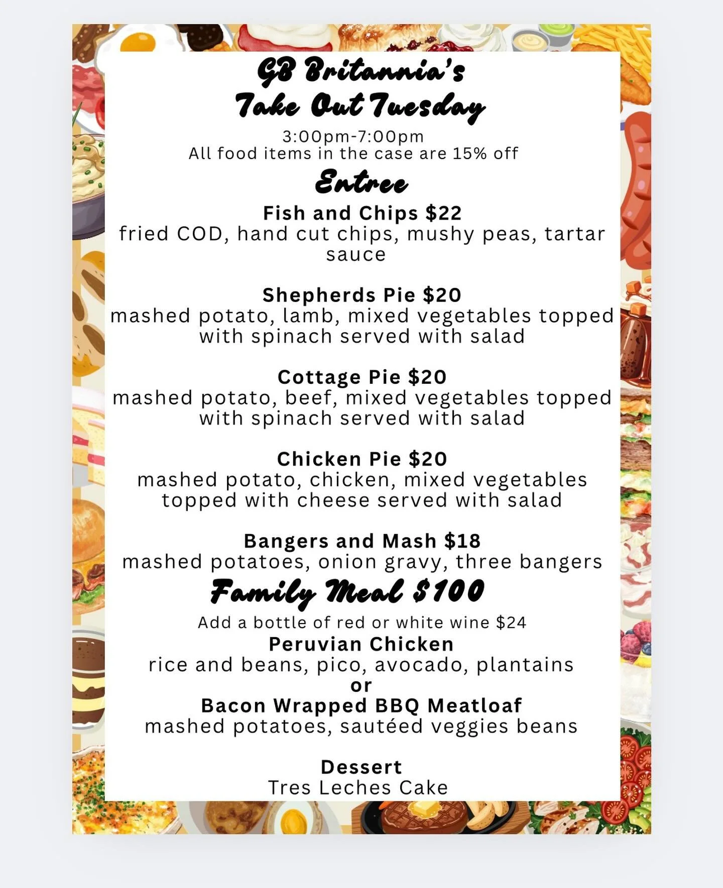 Take out Tuesday at the Fairfield Location
January 6th from 3PM to 7PM
Ring in the new year with great deals!