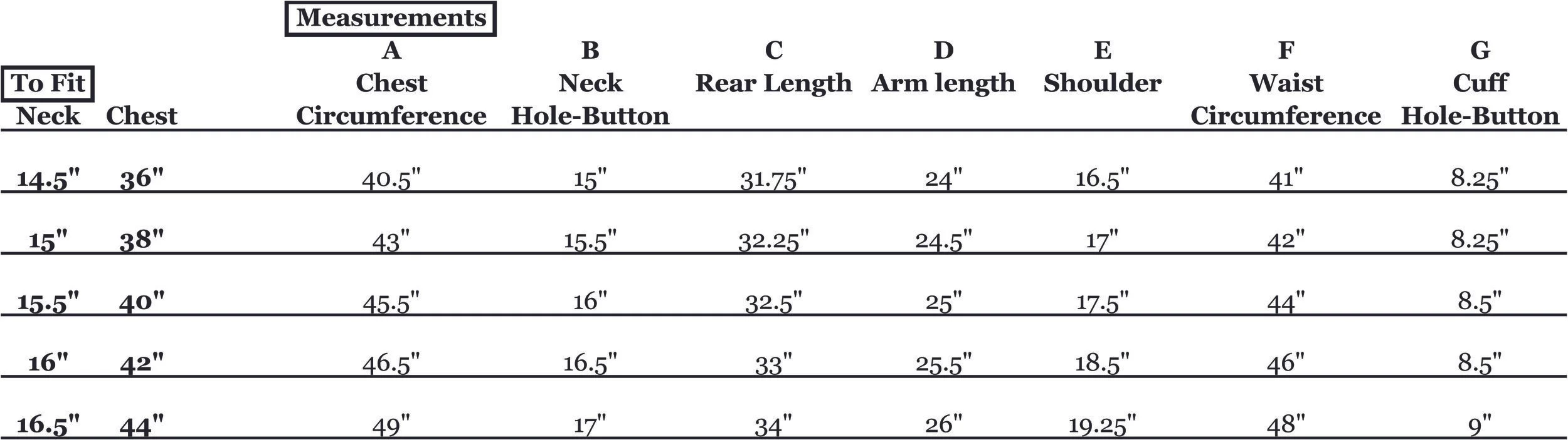 An example of a Kurtz Clothiers size chart showing on the left the measurements to which the shirt was made, and on the right measurements taken from completed shirts. The key A-G relates to the red arrows on the drawing above.