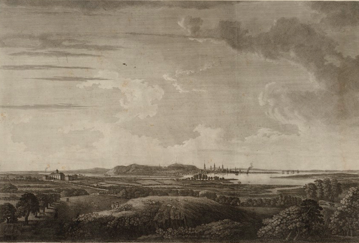 A landscape painting in black and white showing a very lush vision of Boston in 1776. The Boston harbor is in the distance, and the Shirley-Eustis House is in the distant left