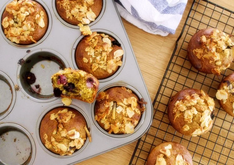 Blueberry, Banana & Turmeric Muffins with Crunchy Almond Topping