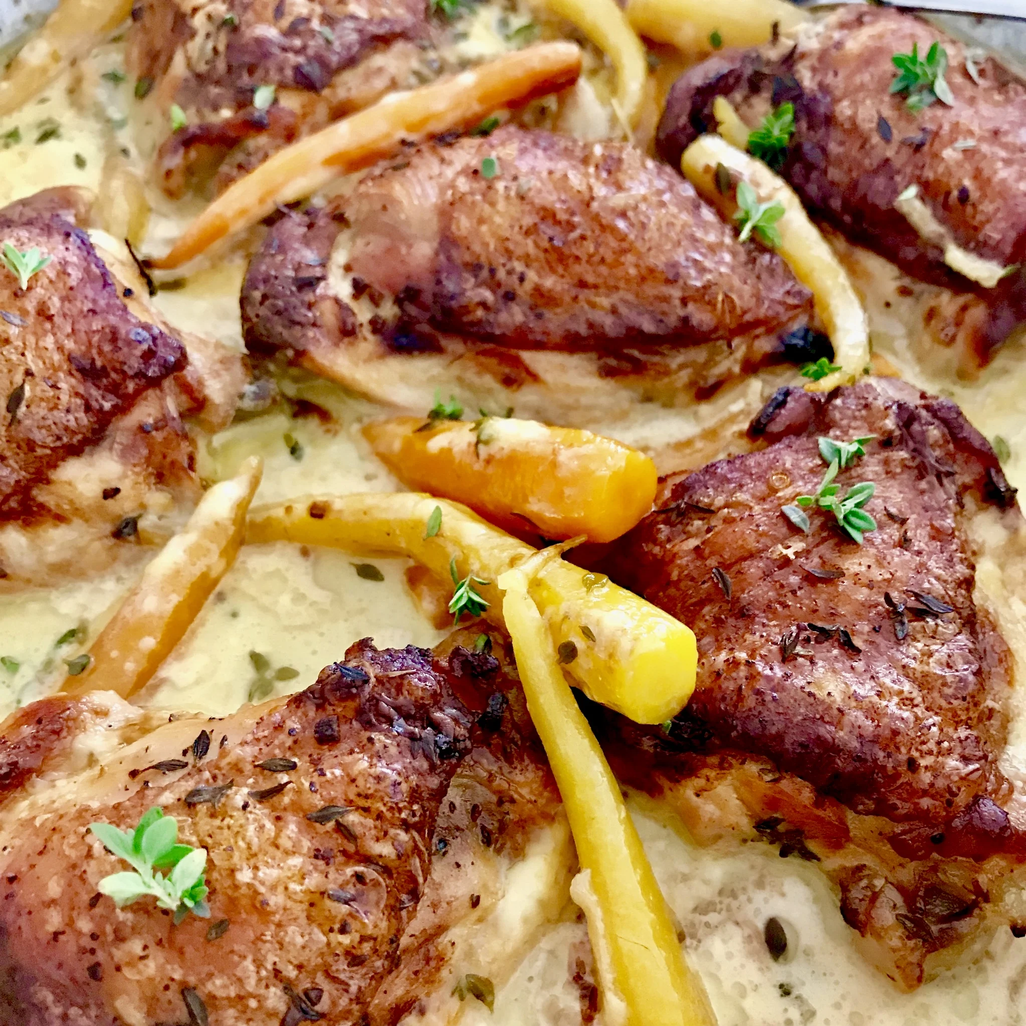 Chicken Braised in Wine with Thyme, Carrots and Cream