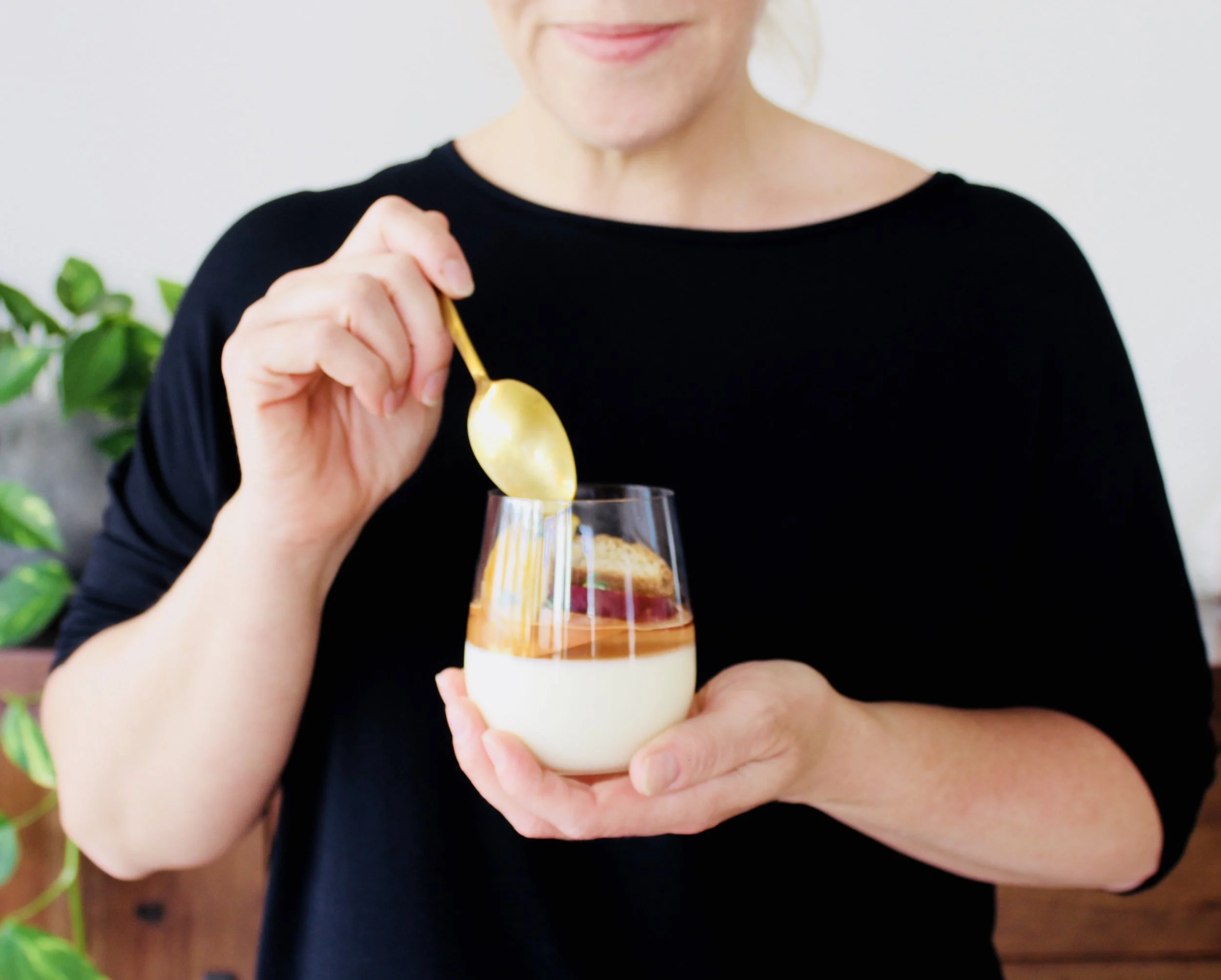 Lemon & Thyme Yoghurt Panna Cotta with Prosecco Gelée & Roasted Peaches