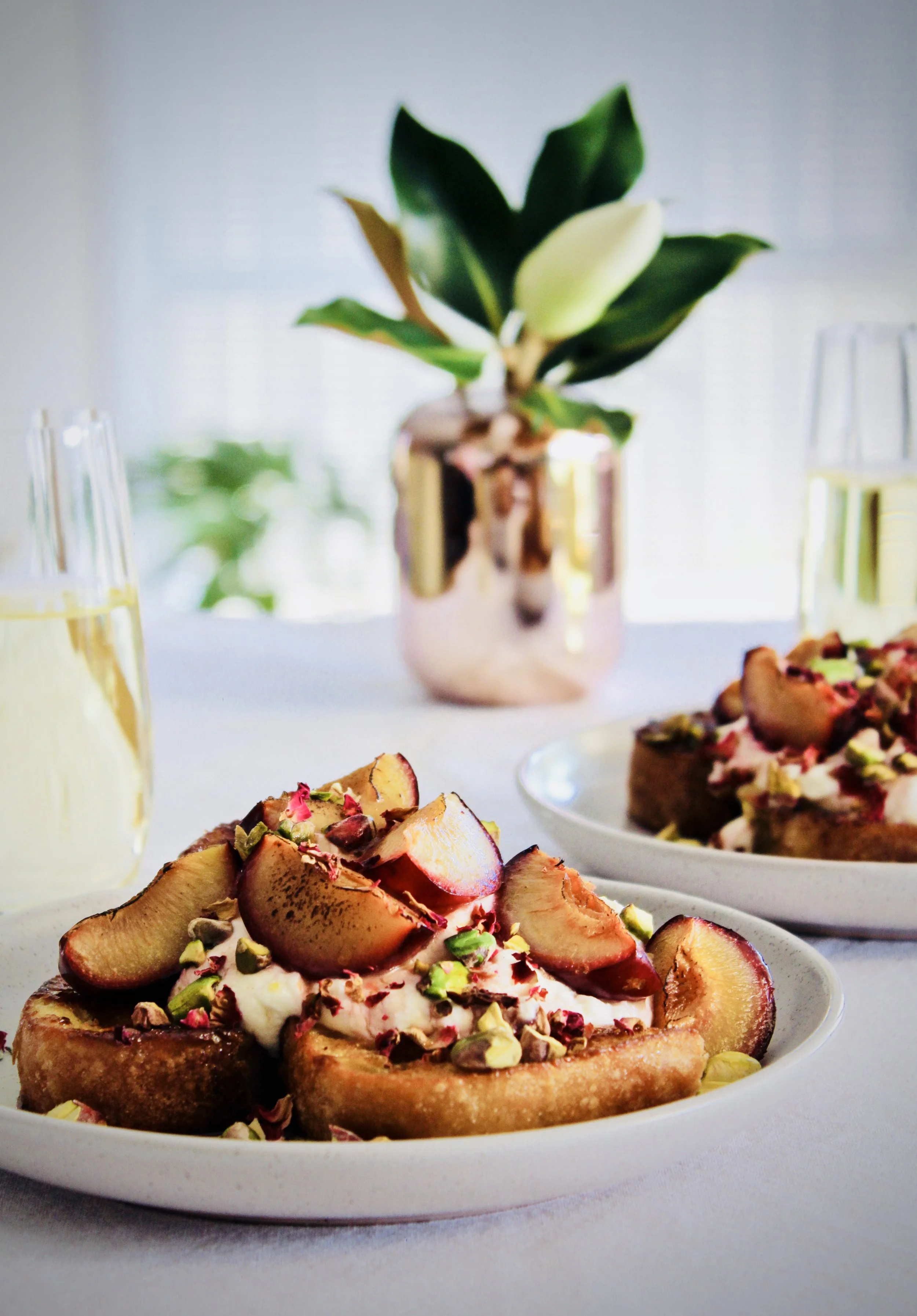 Caramelised Sourdough French Toast with Roasted Plums, Orange Blossom Labneh and Pistachios