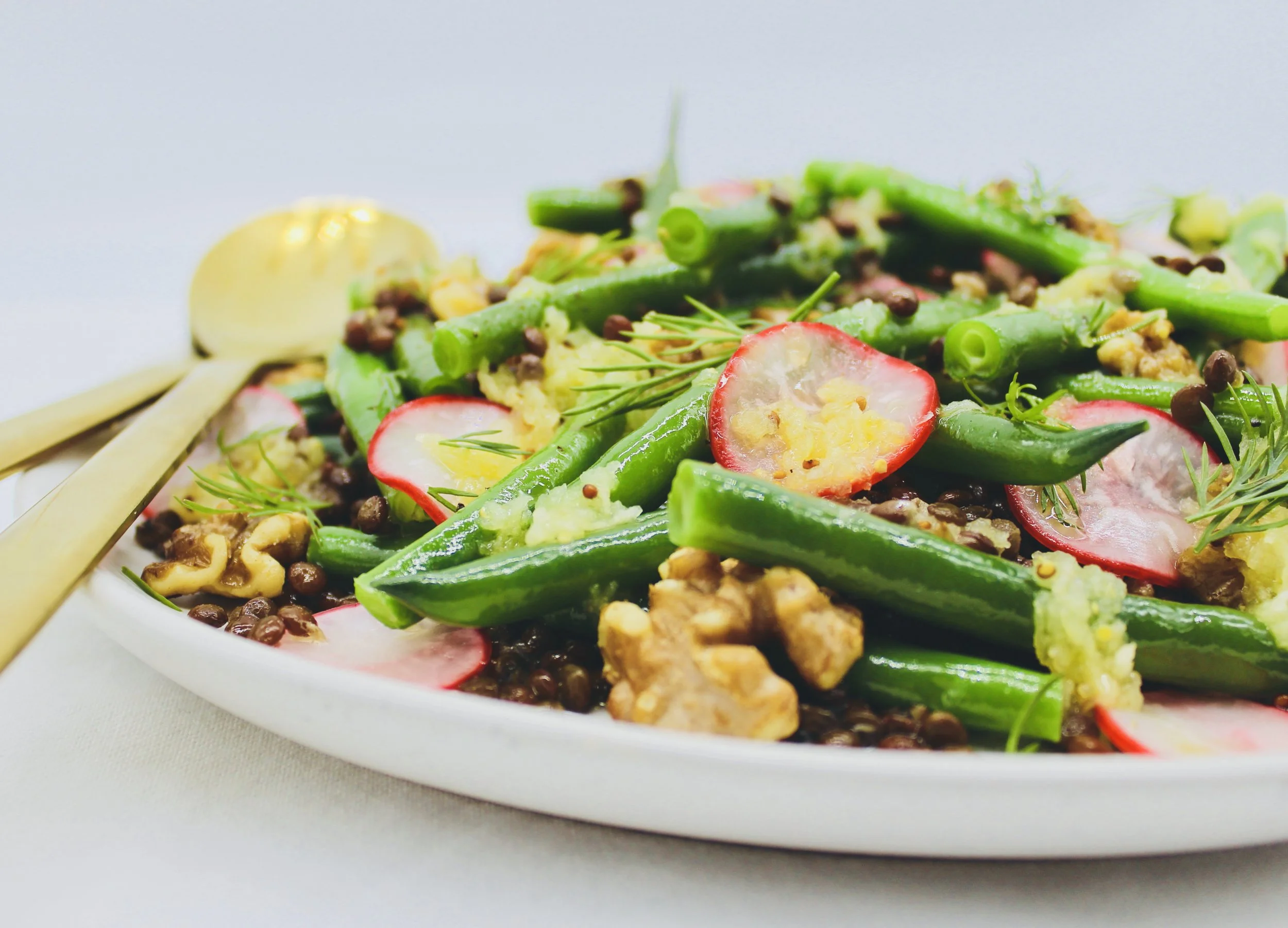Green Bean & Lentil Salad with Pickled Radish, Walnuts & Apple Dressing 