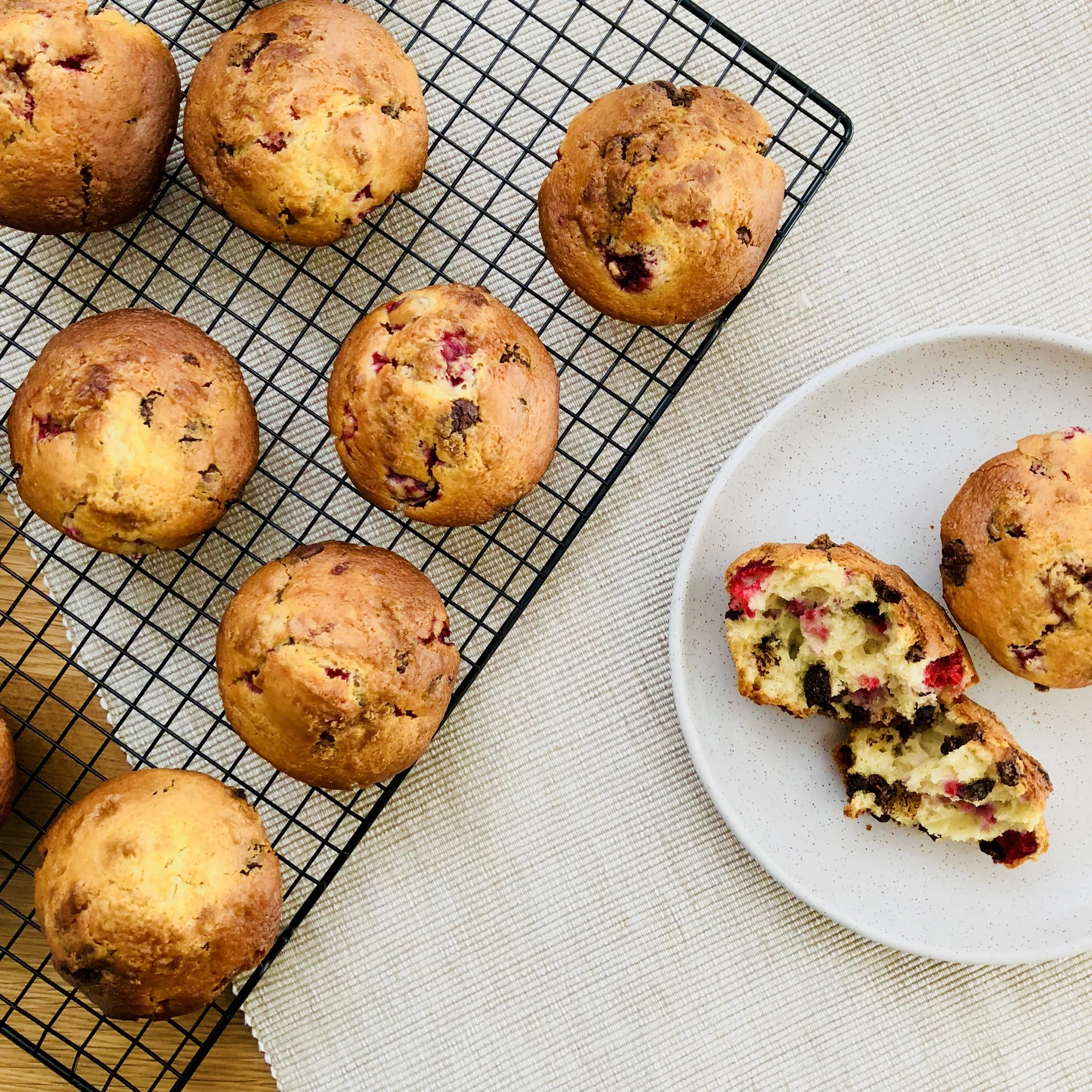 Raspberry Choc Chip Muffins with Yoghurt & Olive Oil